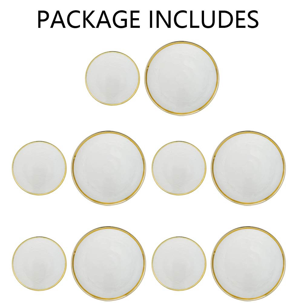 NUPTIO 10-Piece Gold Rim Glass Charger Plates Set - Clear Round Salad Dishes & Dinner Plates for Wedding, Christmas, Easter Party Decor - Elegant Table Setting for Fine Dining, Buffet & Dessert Display