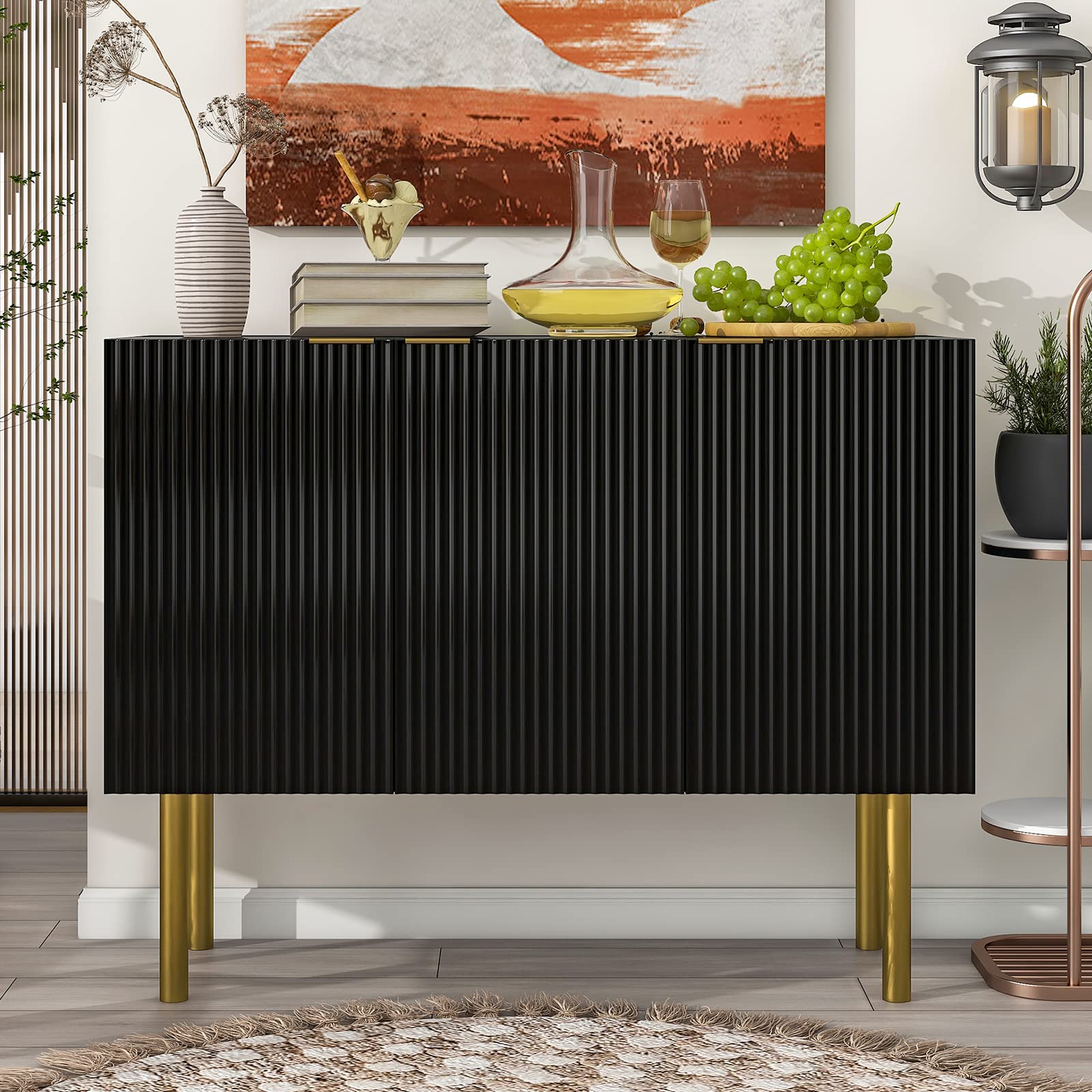 Modern 3-Door Kitchen Buffet Cabinet with Adjustable Shelves - Light Luxury Floor Cabinet with Gold Metal Legs & Handles, Wood Accent Storage for Living Room & Dining Room (47.2