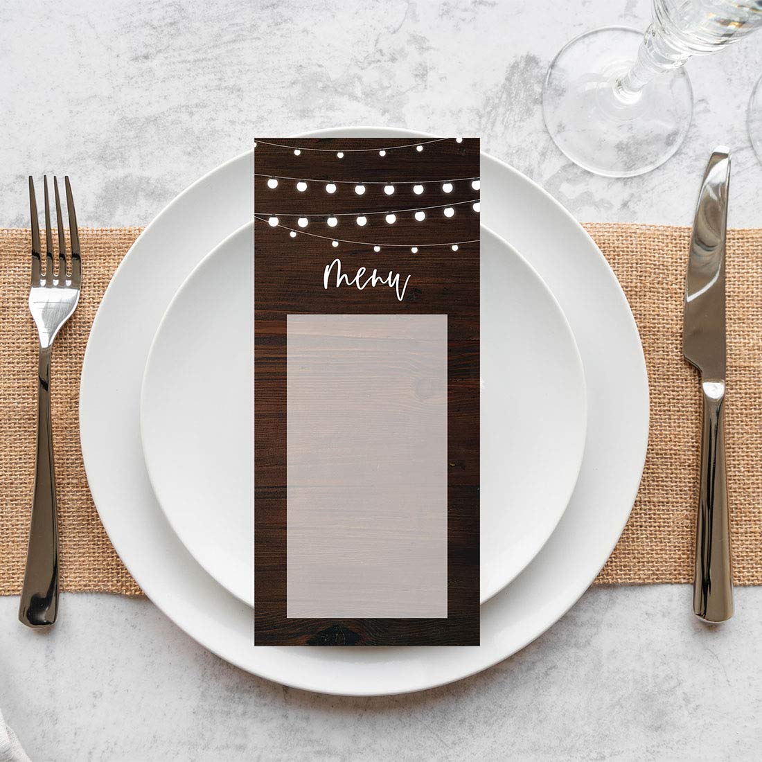Rustic Wood String Lights Printable Wedding Menu Cards - DIY Printer Friendly Premium Cardstock (4x9 Inches, Pack of 56) for Table Place Settings, Programs, Rehearsals & Reception - Perfect for Rustic Weddings, Bridal Showers & Outdoor Events