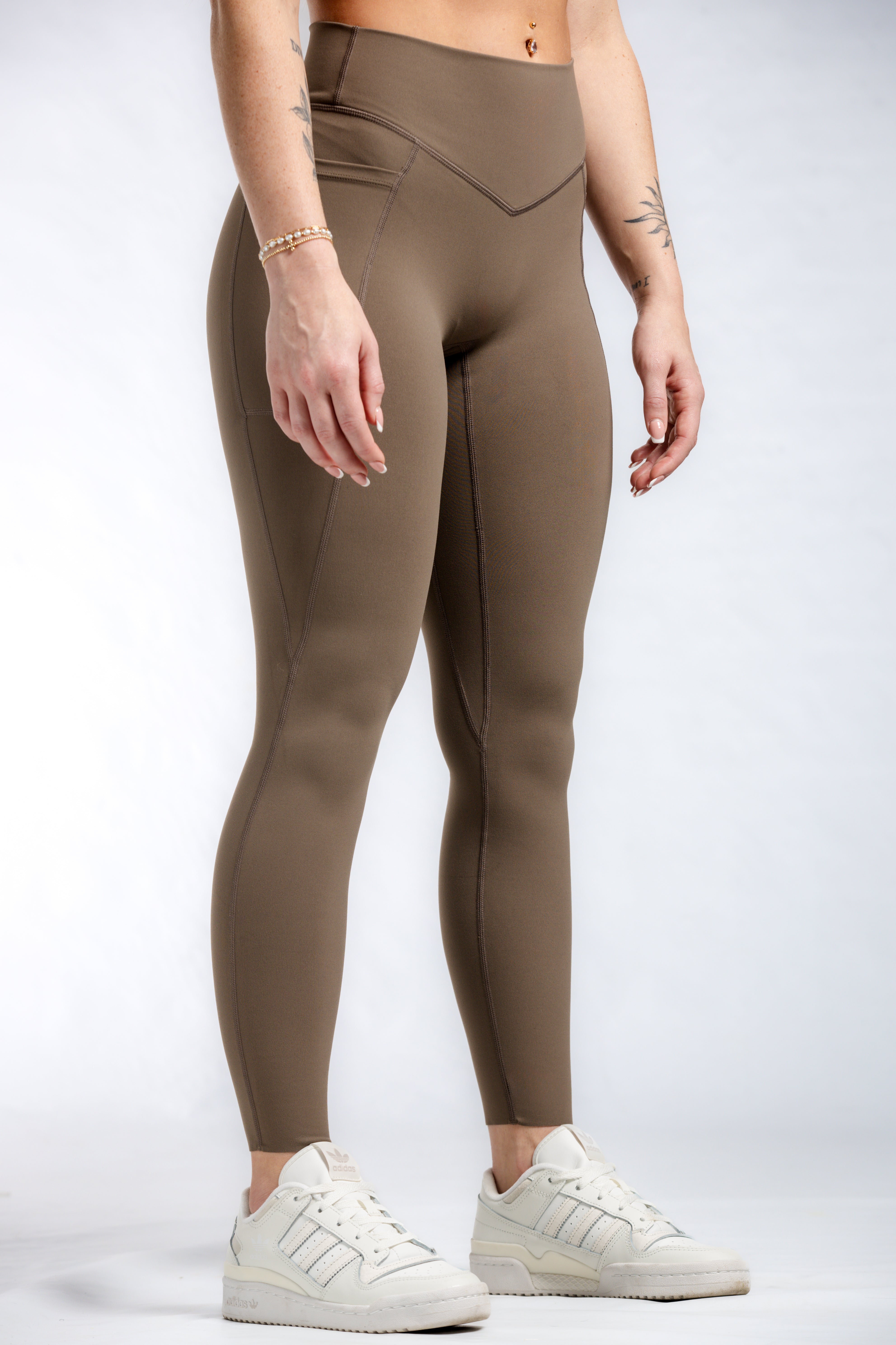 NKD Women's Mid Waist Leggings with Pockets - Battlefield Brown | Yoga, Running, Workout & Everyday Wear