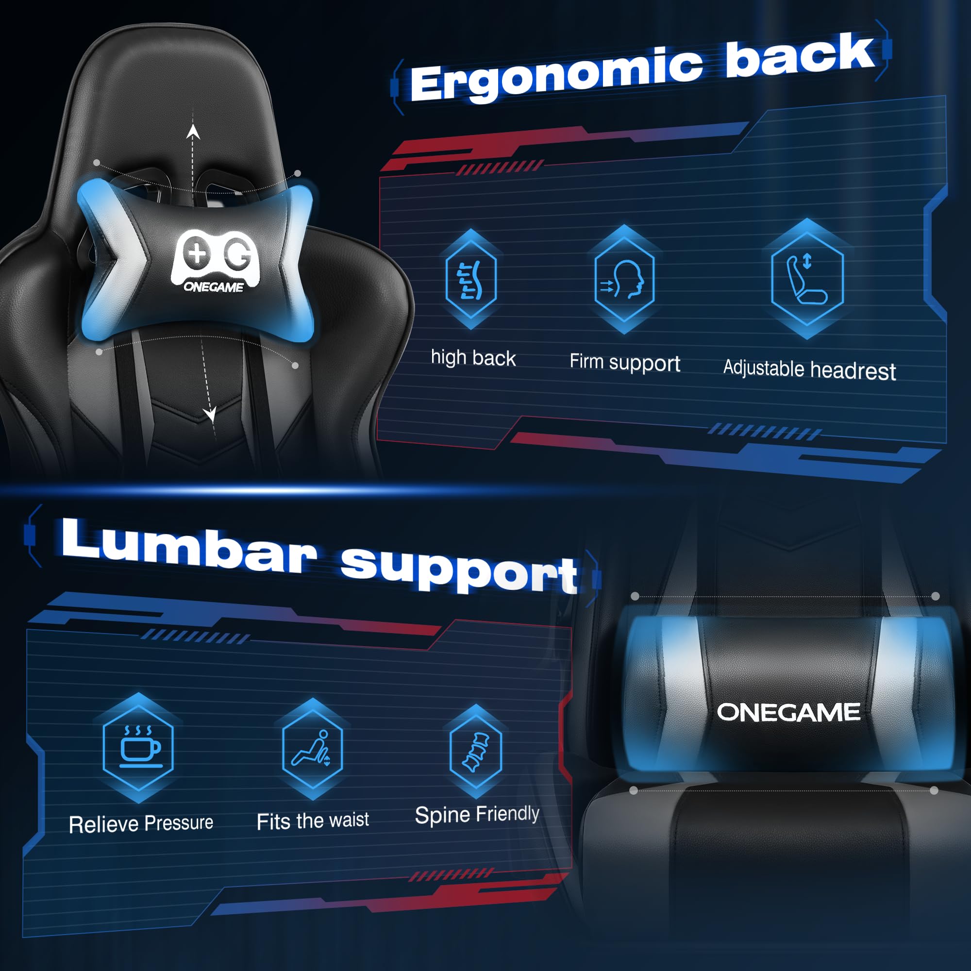 OneGame Ergonomic Gaming Chair with Adjustable Footrest & Lumbar Support - High Back Racing Style Computer Chair for Office & Home Gaming - 330LBS Weight Capacity (Black/Gray) - Perfect for Esports, Streaming & Long Work Sessions