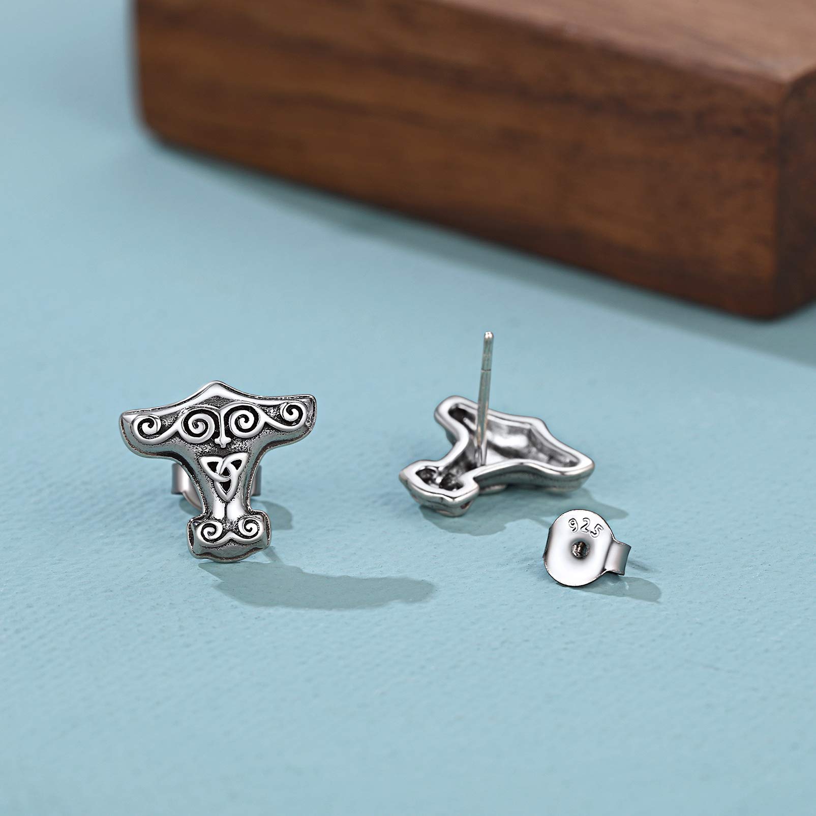 Viking Jewelry for Men & Women - Thor's Hammer Stud Earrings in Sterling Silver with Celtic Knot & Wolf Head Design - Perfect for Cosplay, LARP, Historical Reenactment & Norse Fashion
