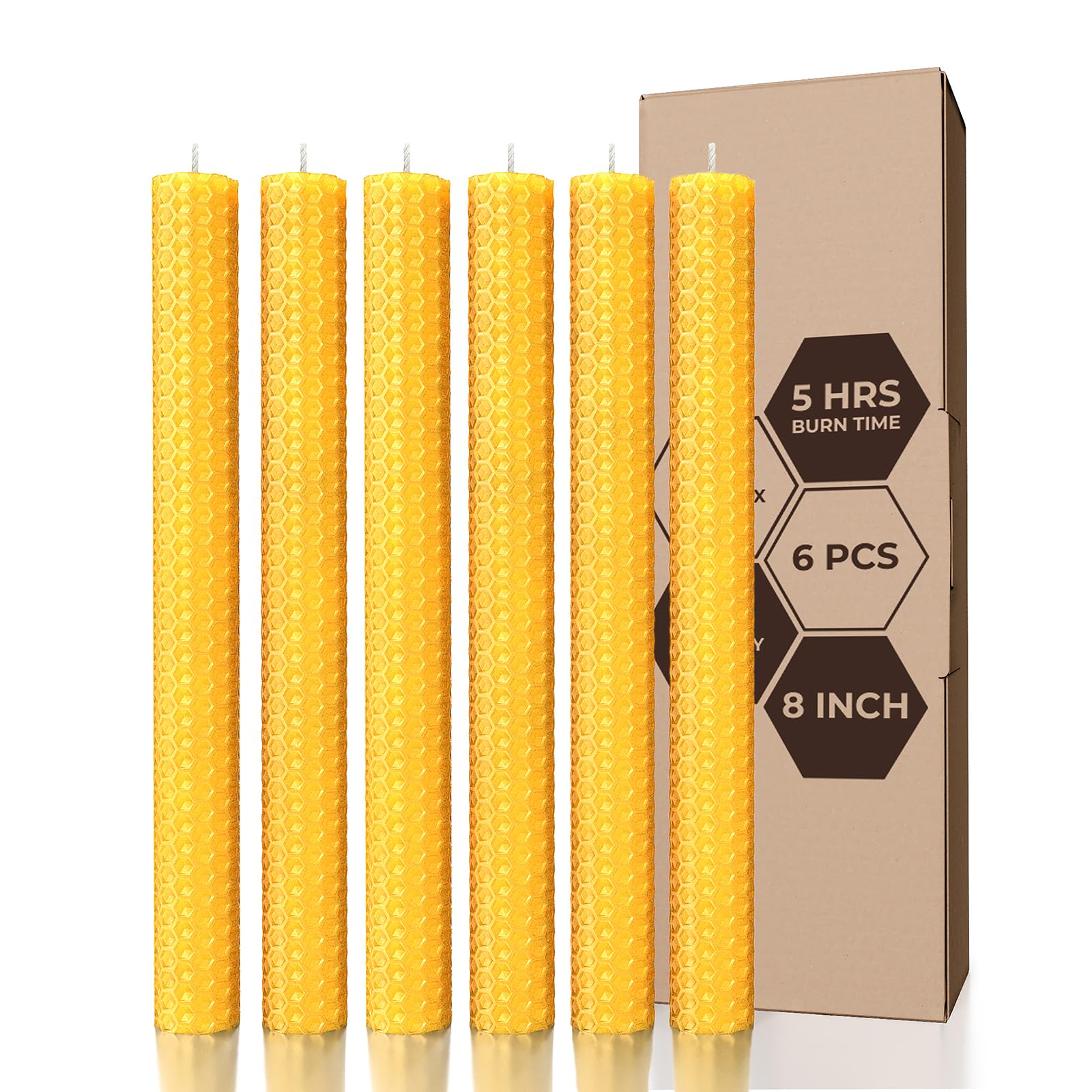 Handmade Beeswax Candles Set of 6 - 8 Inch Natural Taper Candles for Home Decor, Dinner Table & Romantic Ambiance | Long-Lasting 5-Hour Burn Time | Eco-Friendly Hand-Rolled Beeswax Candles with Honeycomb Scent