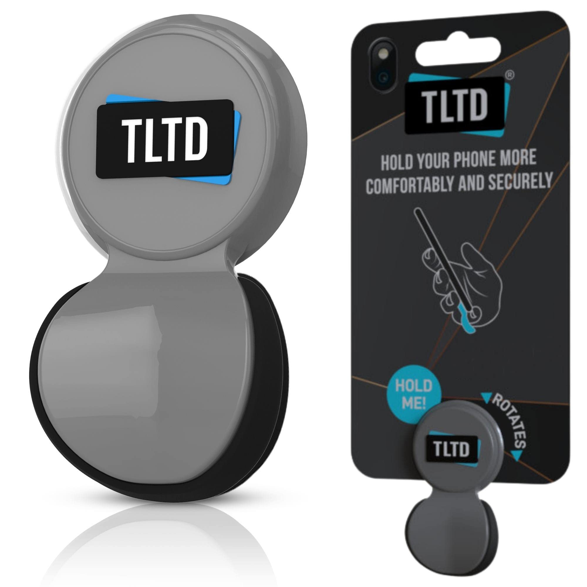 TLTD Premium 360° Rotating Phone Grip Holder with Pop-Out Silicone Cushion - Secure Stick for iPhone & Samsung Smartphones - Comfortable Alternative to Ring Holders - Collapsible Strap (Grey) - Perfect for One-Handed Use, Video Watching & Secure Phone Handling
