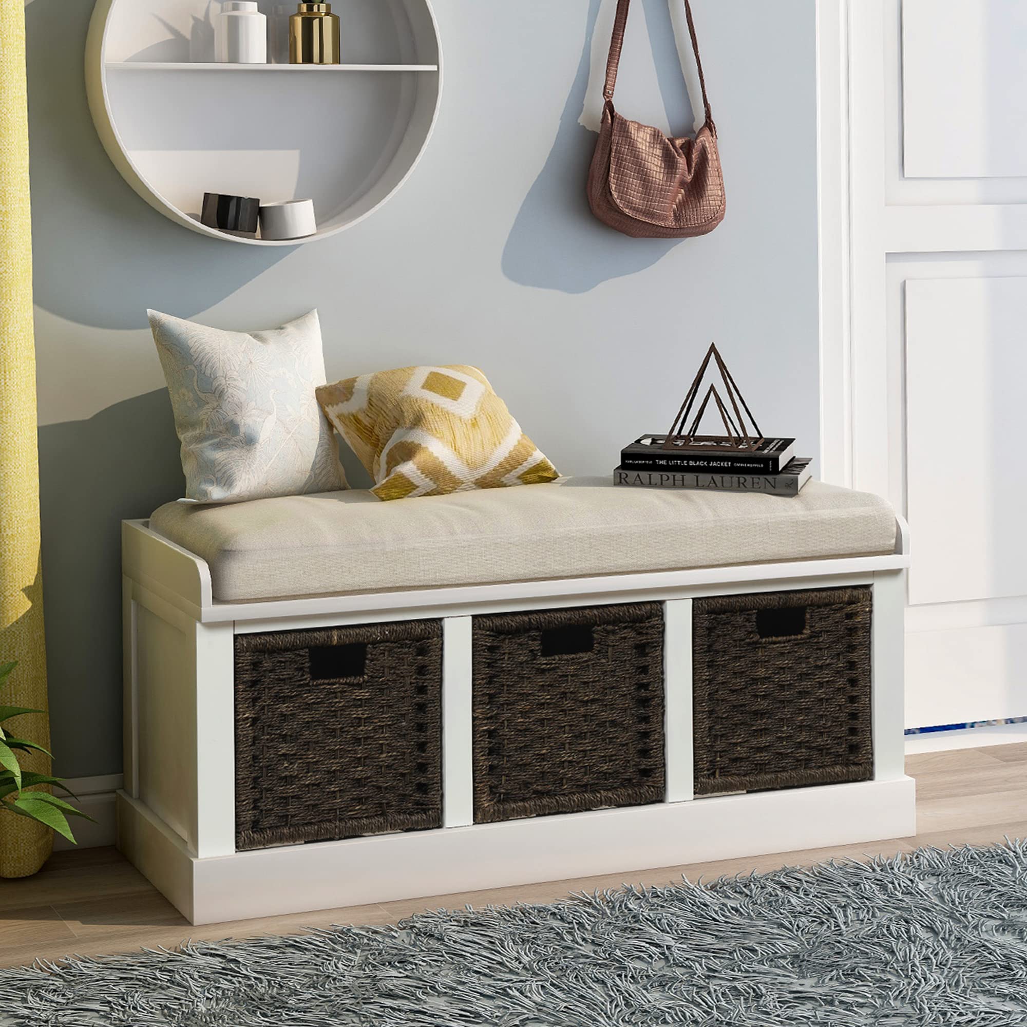 Rustic White Wooden Storage Bench with 3 Removable Baskets & Cushion - Entryway Shoe Bench for Living Room, Bedroom, Hallway | Multi-Functional Entry Seat & Home Decor Organizer
