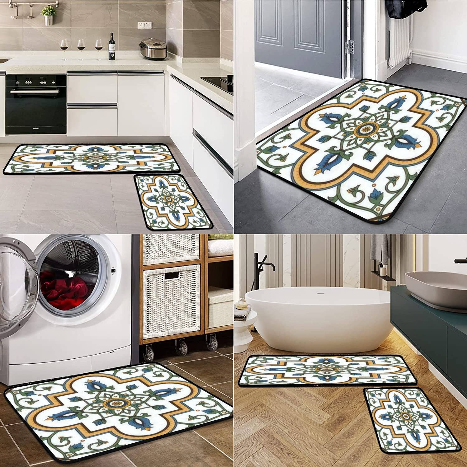 Portugal Azulejo Kitchen Rugs Set - Non-Slip Washable Floor Mats for Kitchen & Bath Decor