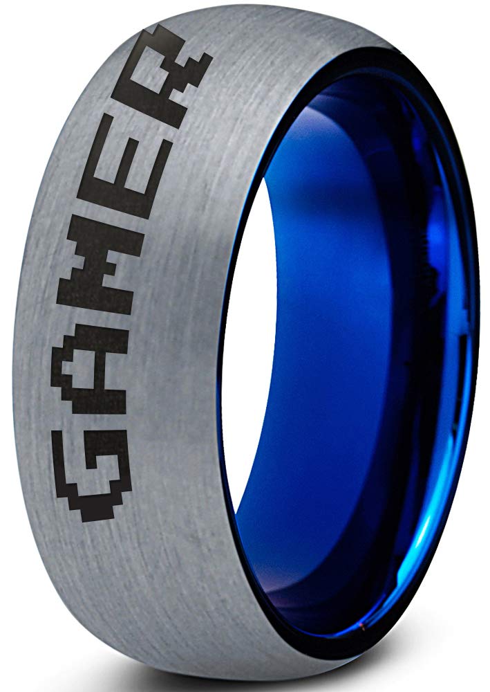 Zealot Tungsten Gaming Ring for Men & Women - 8mm Comfort Fit Blue Dome Brushed Gray Polished Band - Size 12 - Perfect for Gamers, Typography Lovers & Everyday Wear
