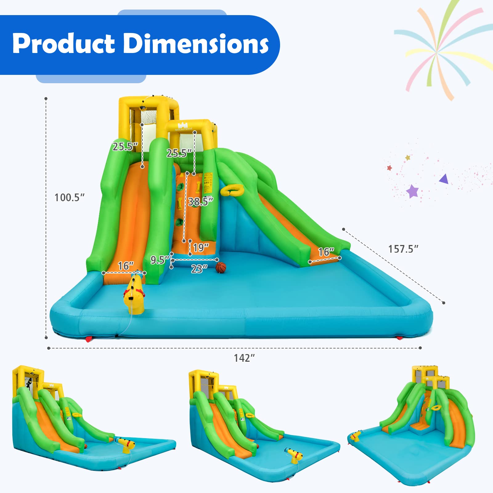 **HONEY JOY 6-in-1 Inflatable Water Slide for Kids - Bounce House with Climbing Wall, 2 Long Slides, Splash Pool & Water Cannons | Indoor & Outdoor Backyard Water Park (Includes 550W Blower) - Perfect for Summer Parties, Birthdays & Family Fun**