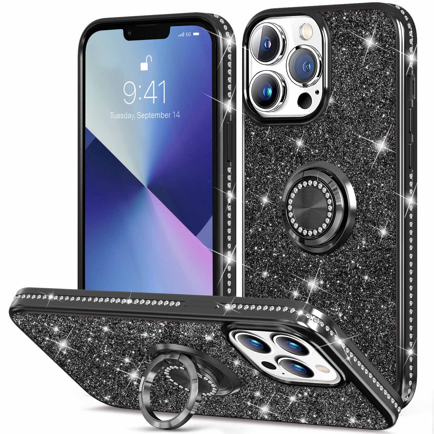 Thomo iPhone 12 Pro Max Case with Bling Kickstand - Glitter Slim Full Body Protective Bumper Phone Cover for Women & Girls (Black) | Perfect for Everyday Use, Work, and Travel
