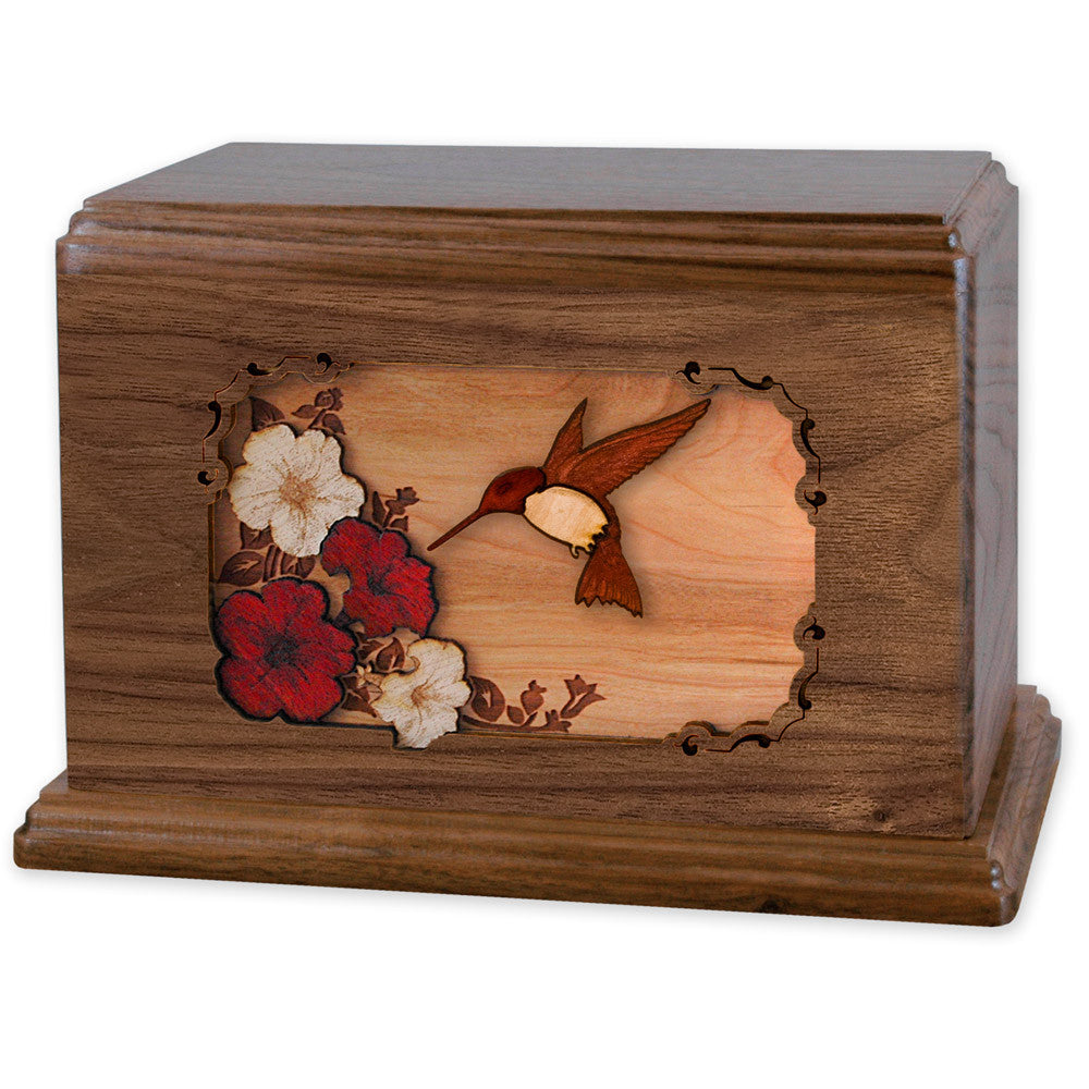 Beautiful Companion Cremation Urn with Hummingbird & Flowers 3D Wood Inlay - Memorial Keepsake for Loved Ones - Perfect for Home Display or Memorial Services