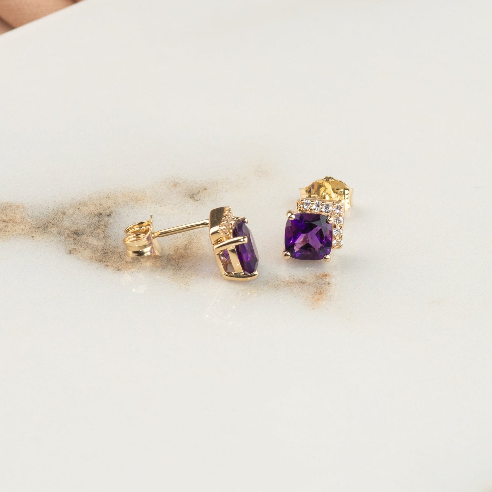 10K Yellow Gold Cushion Cut Amethyst Stud Earrings with White Sapphire Pave - Elegant Purple Gemstone Jewelry for Women, Perfect for Weddings, Parties & Everyday Wear