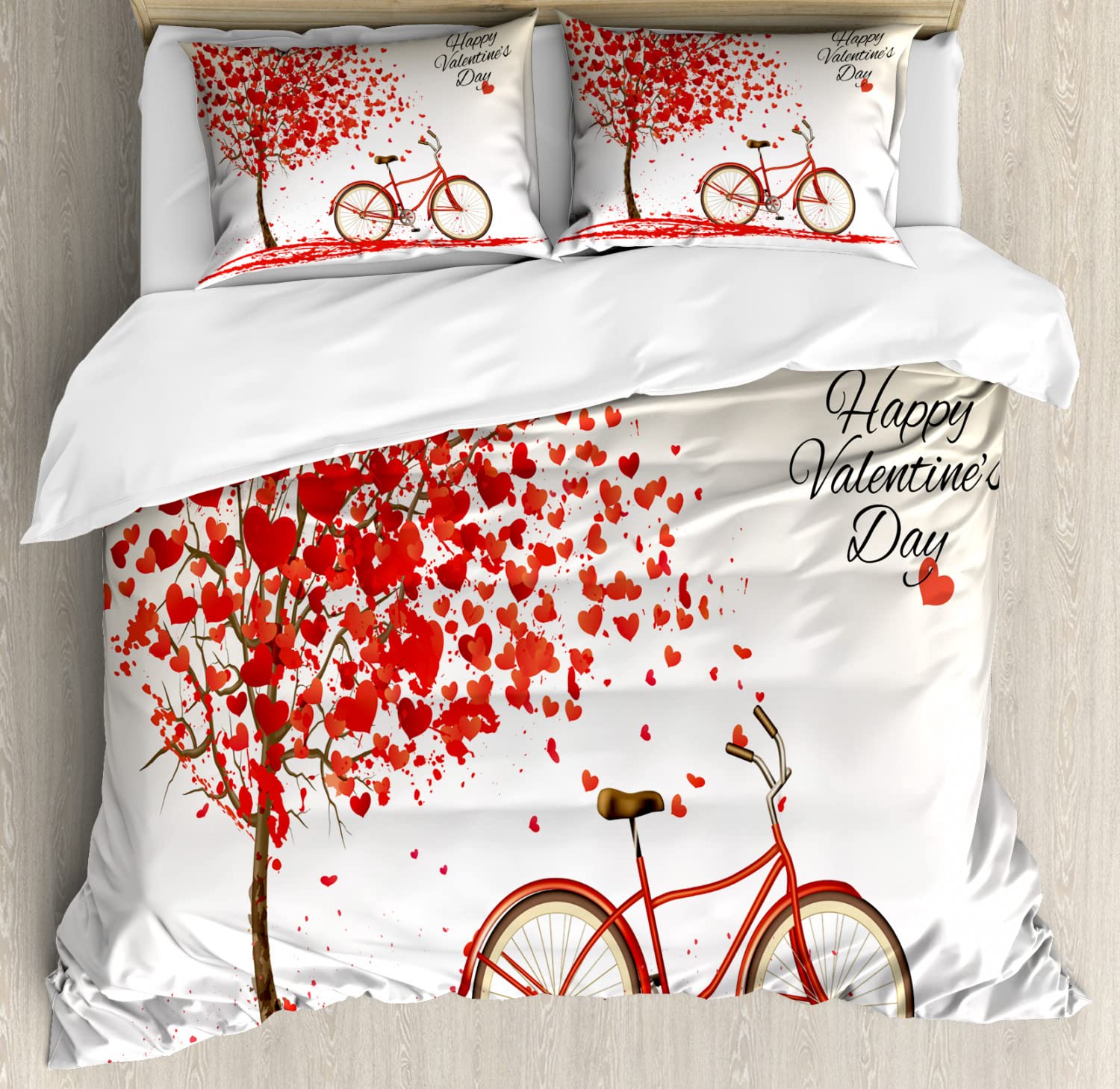 Ambesonne Valentine's Day Duvet Cover Set - Romantic Vintage Tree with Blooming Hearts, Bicycle & Petals Design - 2-Piece Cal King Bedding Set with 4 Pillowcases (Cream Vermilion) - Perfect for Couples' Bedrooms, Anniversary Gifts & Cozy Winter Nights