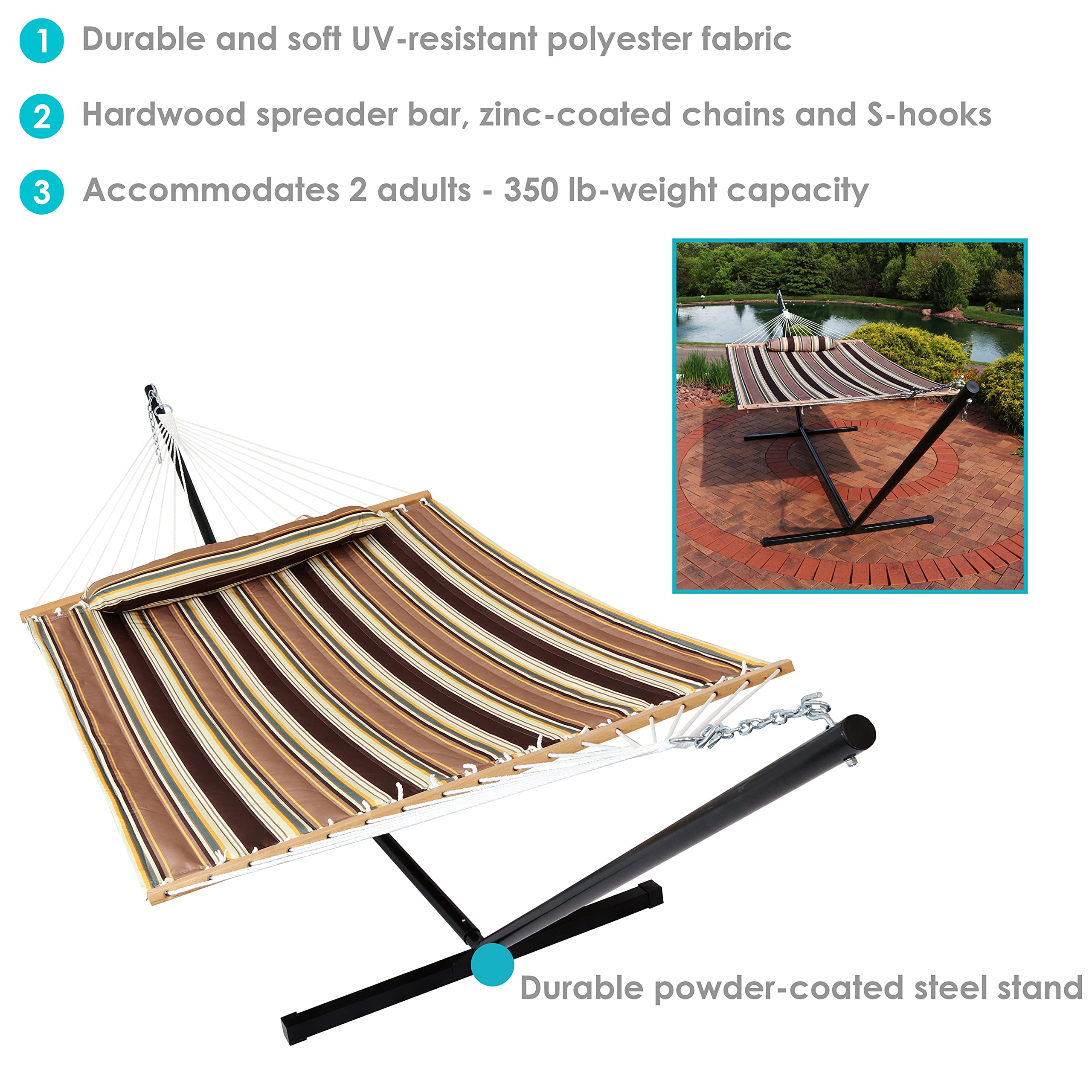 Sunnydaze Quilted Double Hammock with Stand for Outdoor Use - 350 lb Weight Capacity 2-Person Hammock Set - 12 ft Adjustable Steel Stand - Perfect for Backyard, Beach, Camping & Patio Relaxation