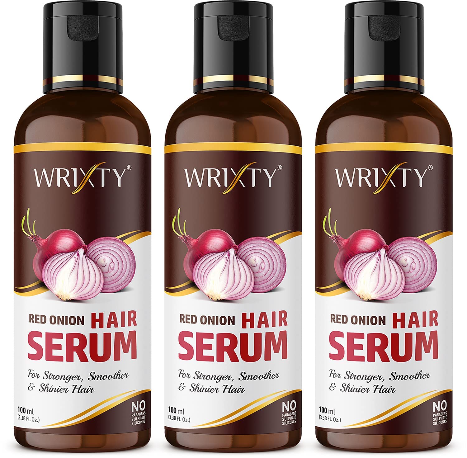 Wrixty Red Onion Hair Serum for Stronger Smoother Shiner Hair - 300ml (3-Pack) | Onion & Biotin Infused Hair Growth Treatment | Instant Smoothing Repair Shine | Perfect for Damaged Dry Frizzy Hair Care at Home Salon