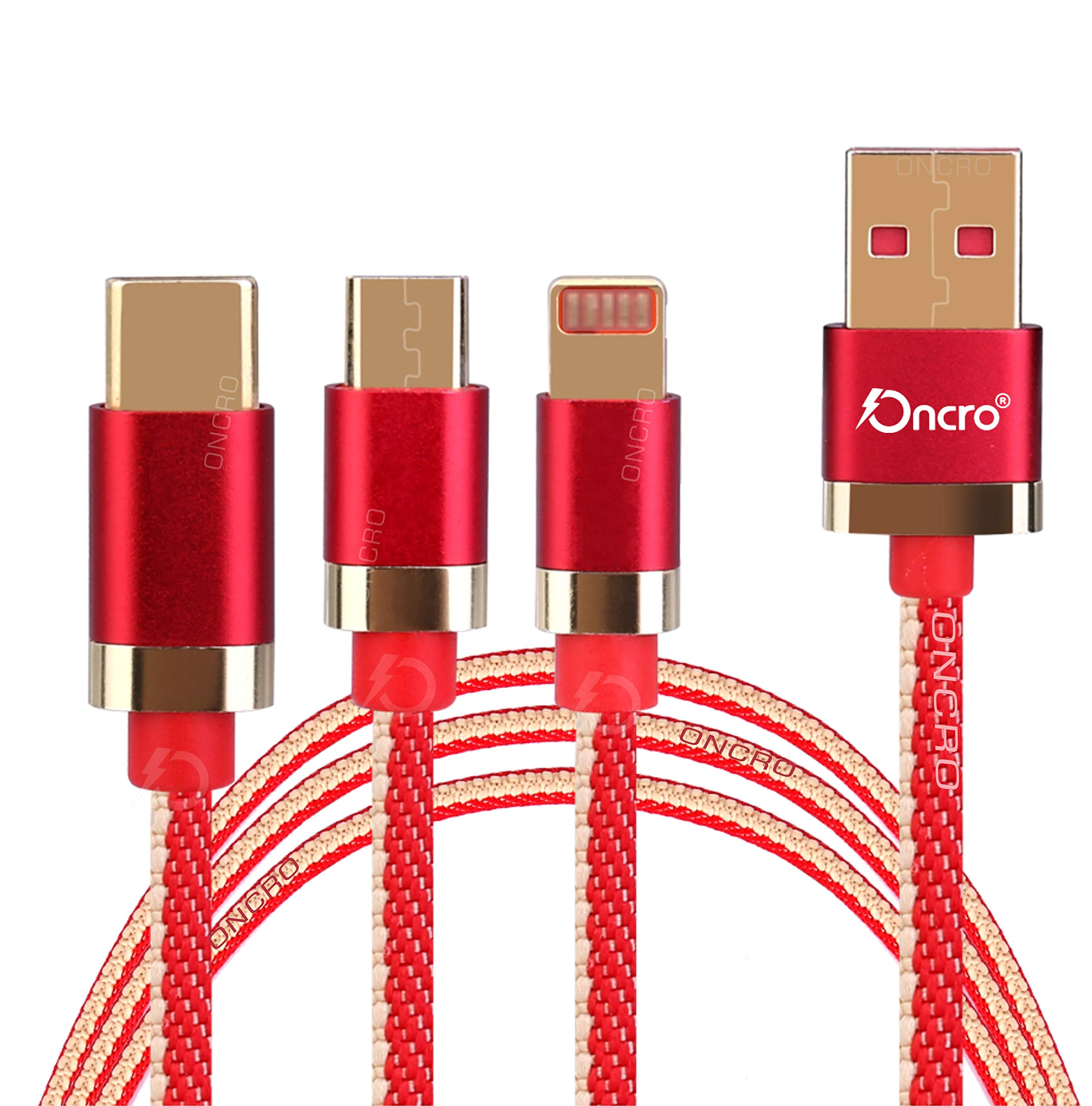Oncro ® 3-in-1 Nylon Braided Fast Charging Cable - Compatible with iPhone, Micro USB & Type C Devices - 3.3ft Durable Charger Cord for Phones, Tablets & Power Banks (Red) - Perfect for Home, Office & Travel Charging
