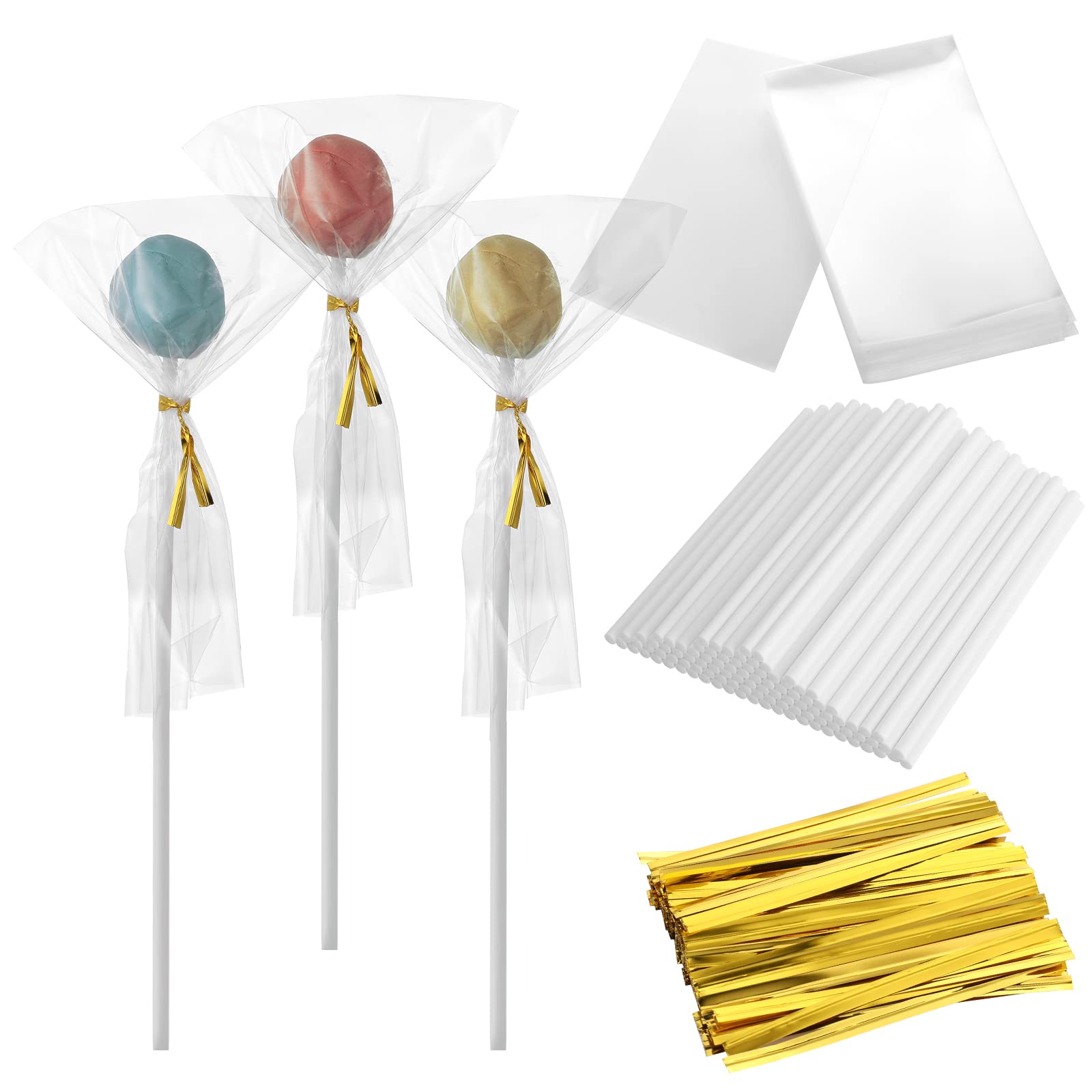 300Pcs Cake Pop Sticks and Bags Kit - 100Pcs Lollipop Sticks, 100Pcs Cake Pop Bags, 100Pcs Gold Twist Ties for DIY Candy, Chocolate, Cookie Wrappers - Perfect for Birthday Parties, Baby Showers & Holiday Treats