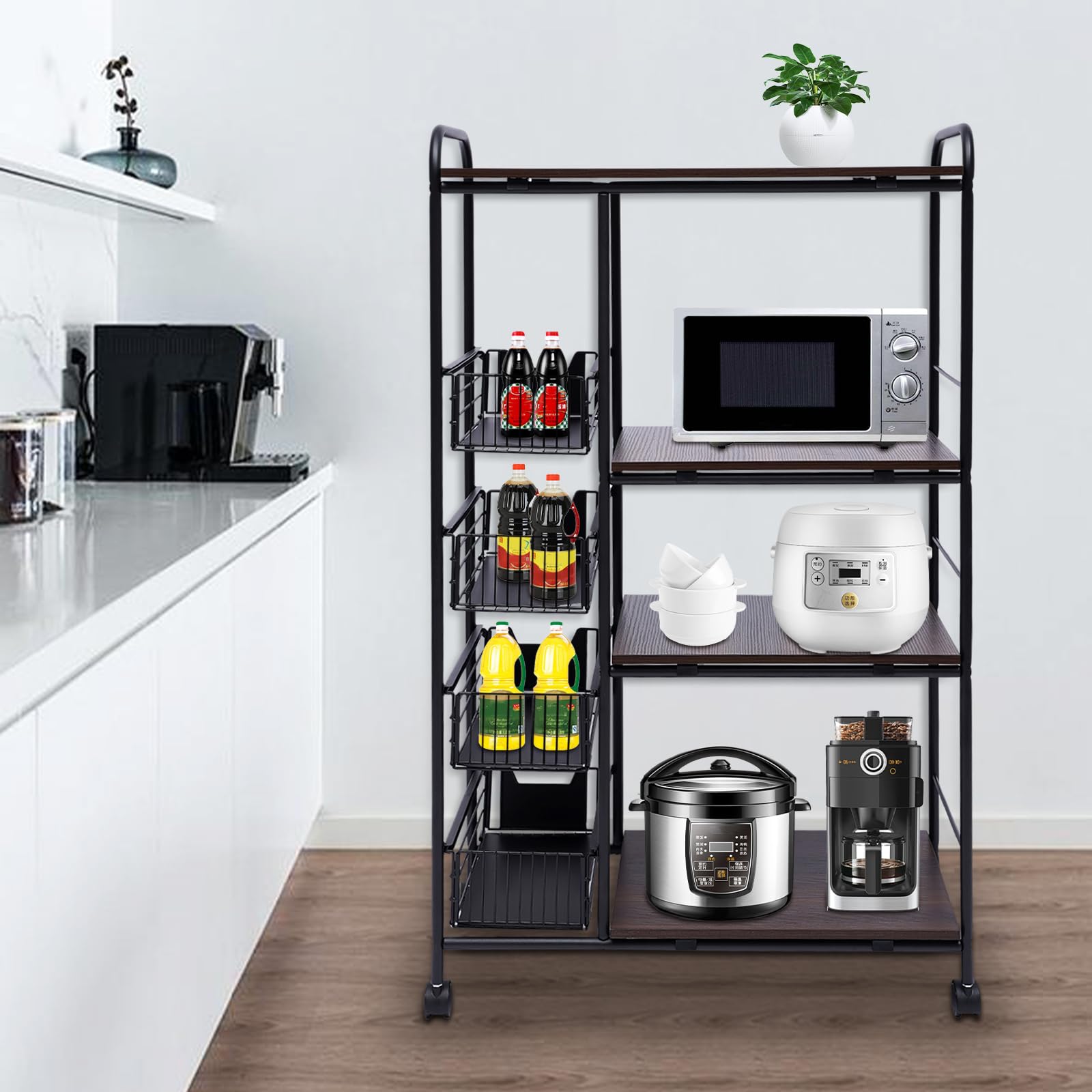TBVECHI 5-Tier Industrial Kitchen Cart with Wheels - 45.28 x 27.95 x 13.78 Inch Black Metal Bakers Rack for Coffee Bar, Pantry Organization & Kitchen Storage - Perfect for Small Spaces & Home Baking Needs