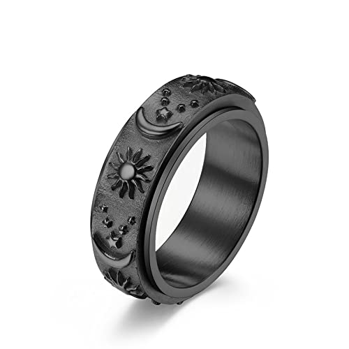 Stainless Steel Anxiety Relief Spinner Rings for Women & Men - Sun Moon Stars Design Stress Relieving Fidget Rings Set (Sizes 6-12) - Perfect for ADHD, Anxiety, Focus & Meditation