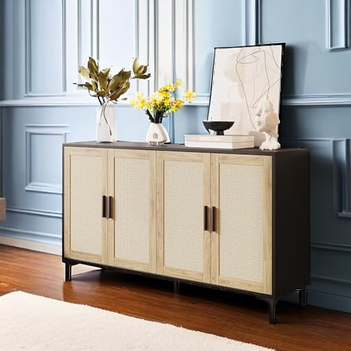 Rattan Sideboard Buffet Cabinet with Storage Doors - Modern Kitchen Coffee Bar Cabinet for Living Room, Entryway, Dining Room | Stylish Home Storage Solution for Dishes, Linens & Entertaining Essentials