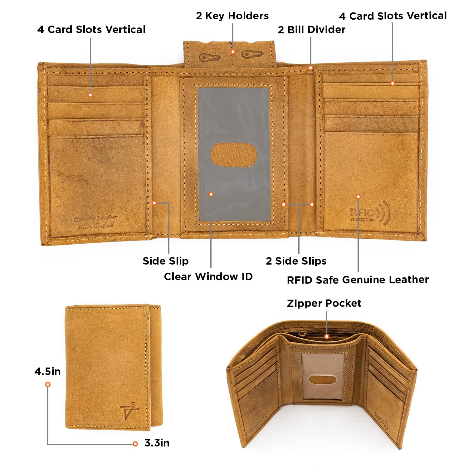 RFID Blocking Men’s Trifold Leather Wallet with Thumb ID Window, Key Holder & YKK Zippered Bill Slot – Premium Khaki Tan Gift Pouch – Ideal for Travel, Business & Everyday Use