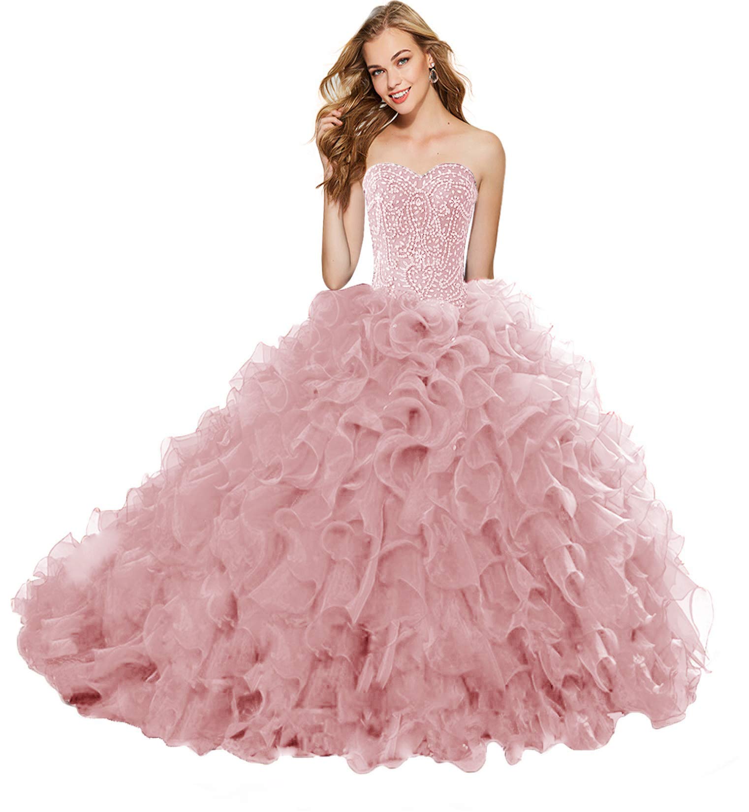 Elegant APXPF Women's Heavy Beaded Organza Ruffle Quinceañera Dress - Sweet 16 Prom Ball Gown for Teen Girls | Perfect for Quinceañeras, Debutante Balls, and Formal Dances