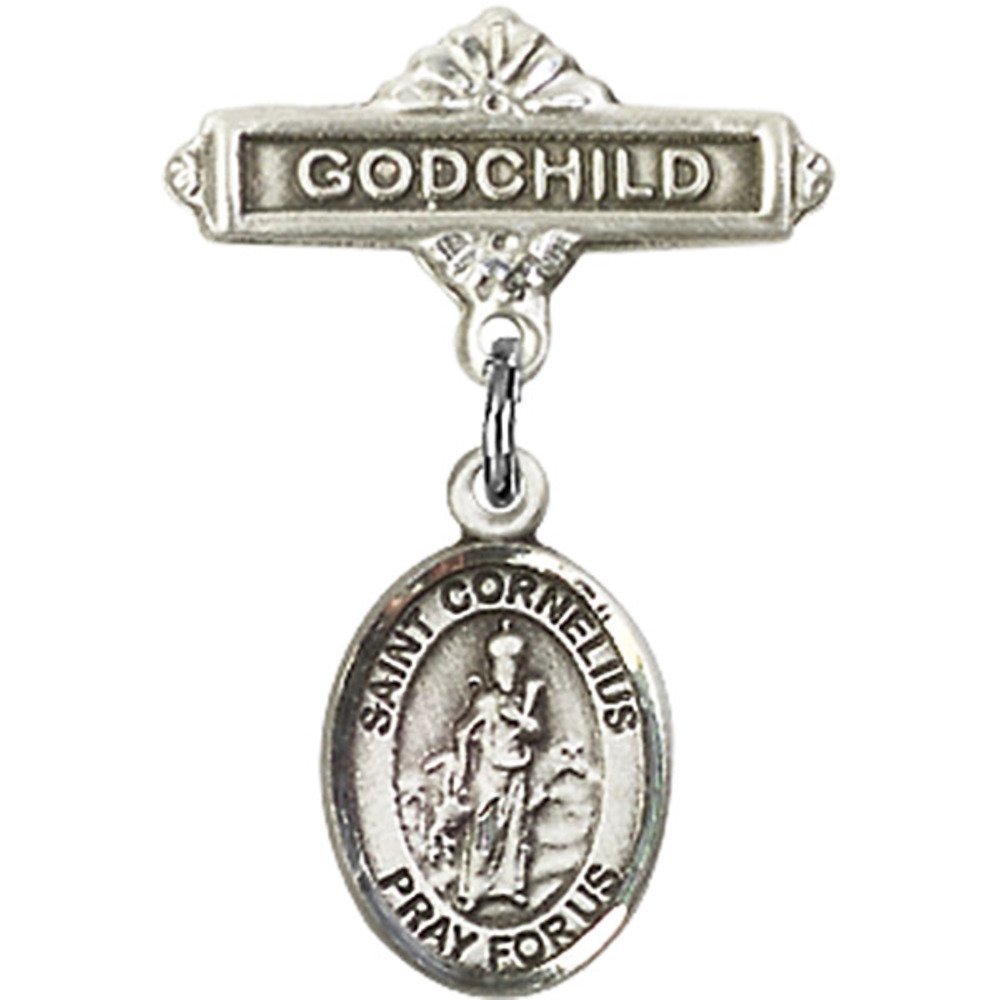 St. Cornelius Sterling Silver Baby Badge & Godchild Pin - 1 x 5/8 Inch Religious Jewelry Gift for Baptism, Christening & First Communion