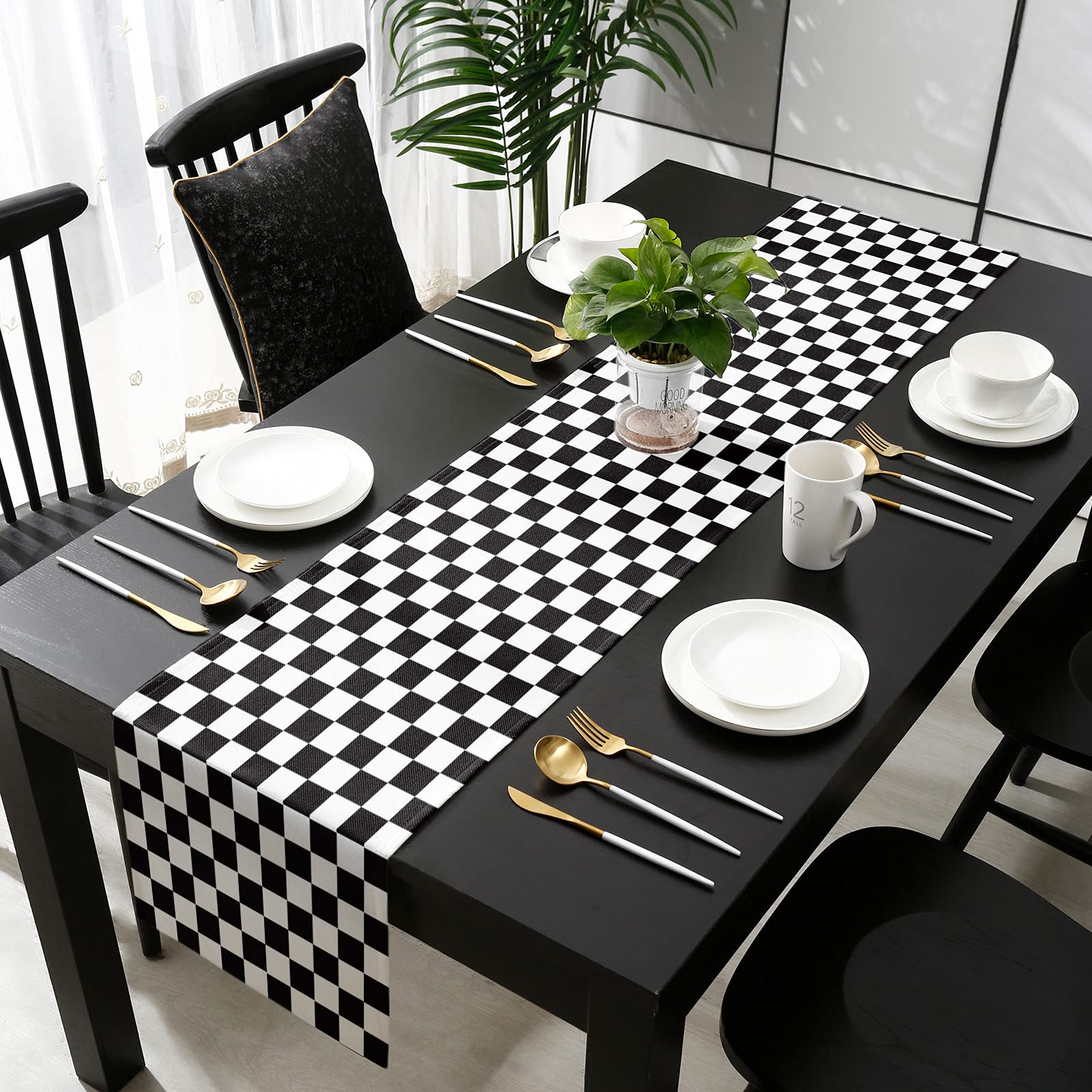 Burlap Linen Table Runner 36 Inch - Black and White Checkered Geometric Kitchen Dining Table Decor for Farmhouse, Wedding, Banquet | Perfect for Coffee Tables, Dressers, and Party Decorations