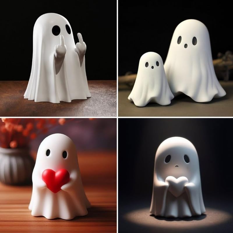 Cute Ghost Statue - Halloween Decor with Middle Finger - Spooky Ghost Figurine for Home, Office & Party Decorations - Funny & Unique Gift Idea