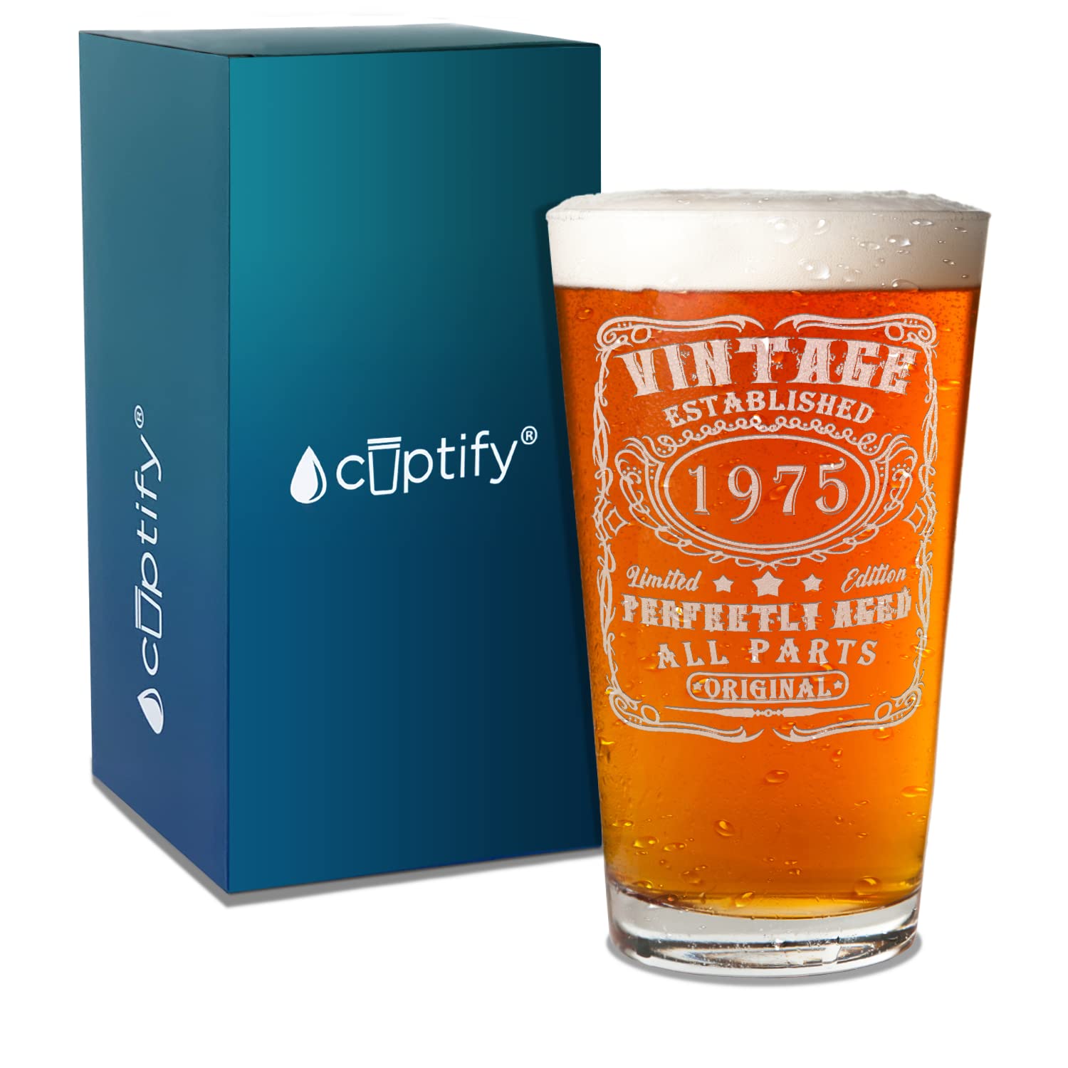 Cuptify Vintage Etched 16 oz Beer Pint Glasses - Perfect 50th Birthday Gift for Men, Established 1975 - Ideal for Beer Lovers, Home Bars & Anniversary Celebrations