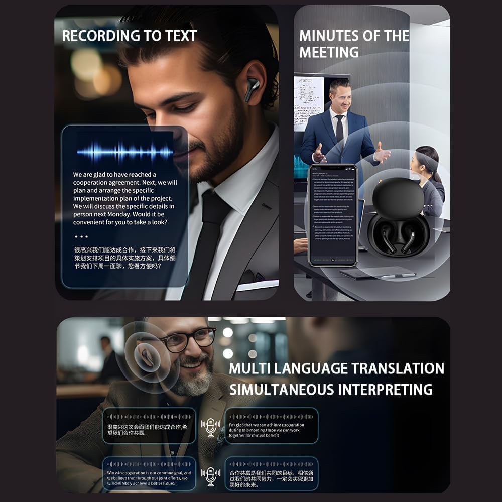 AI Translating Earbuds - Wireless Bluetooth Earbuds with Real-Time 144 Language Translation for Android & iOS | Open Ear Design for Travel, Business & Multilingual Communication (Black)
