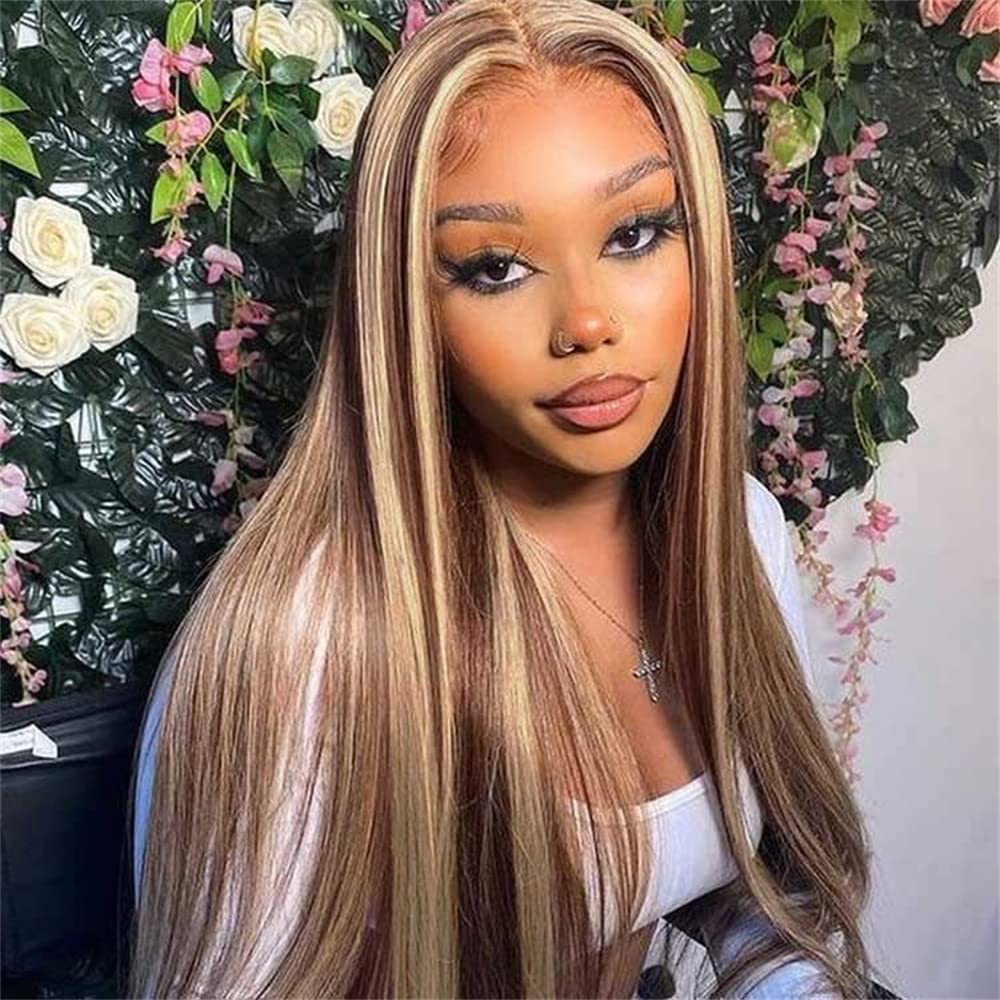 Ombre Blonde & Brown Highlight 20 Inch Human Hair Lace Front Wig - 5x5 Straight Lace Closure Wig for Black Women - Perfect for Daily Wear, Cosplay, and Special Occasions