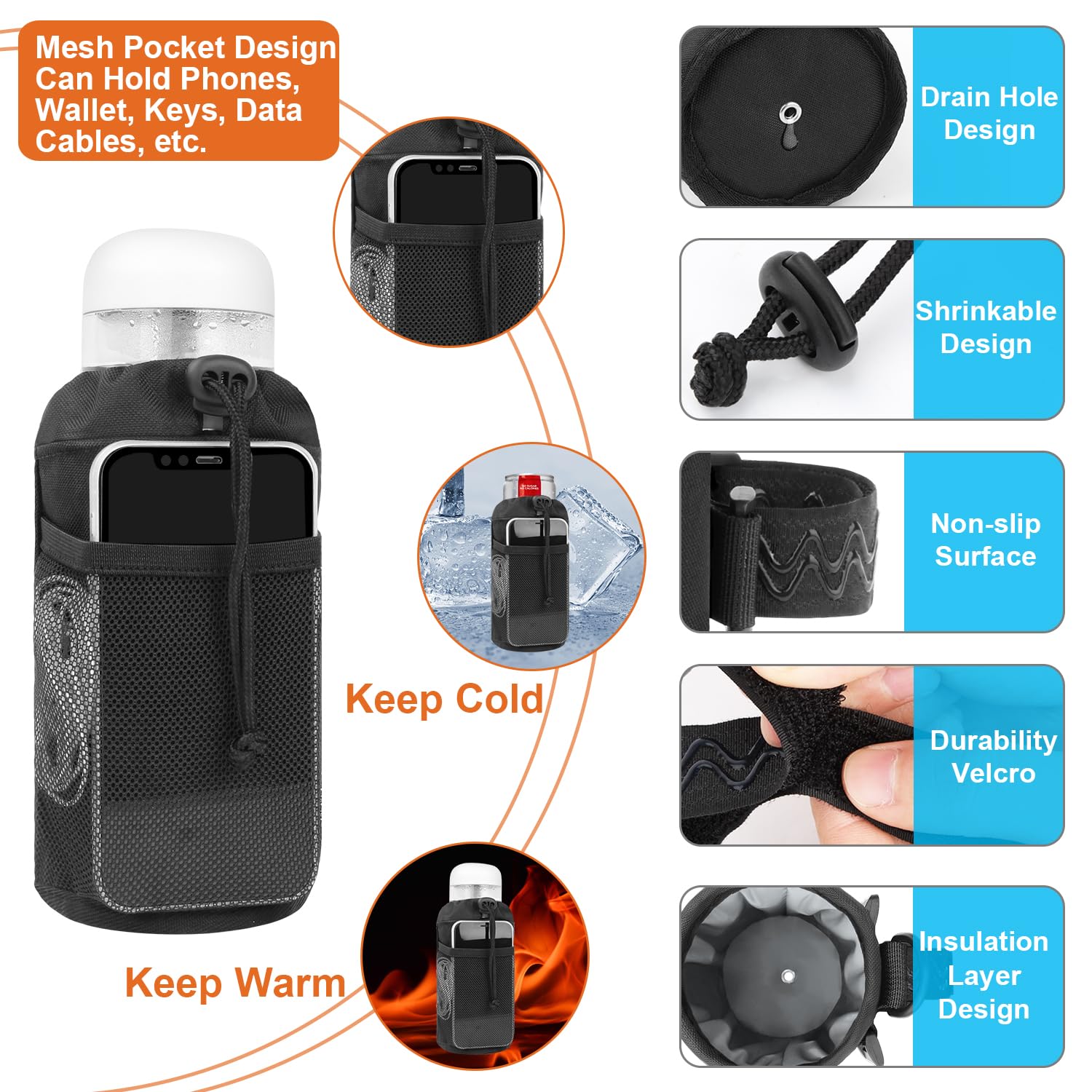 24oz Bike Water Bottle Holder with Mesh Pocket - Durable Bike Cup Holder Sling for Mountain Biking, Walking, Scooter & Sports - Perfect for Hydration During Outdoor Activities
