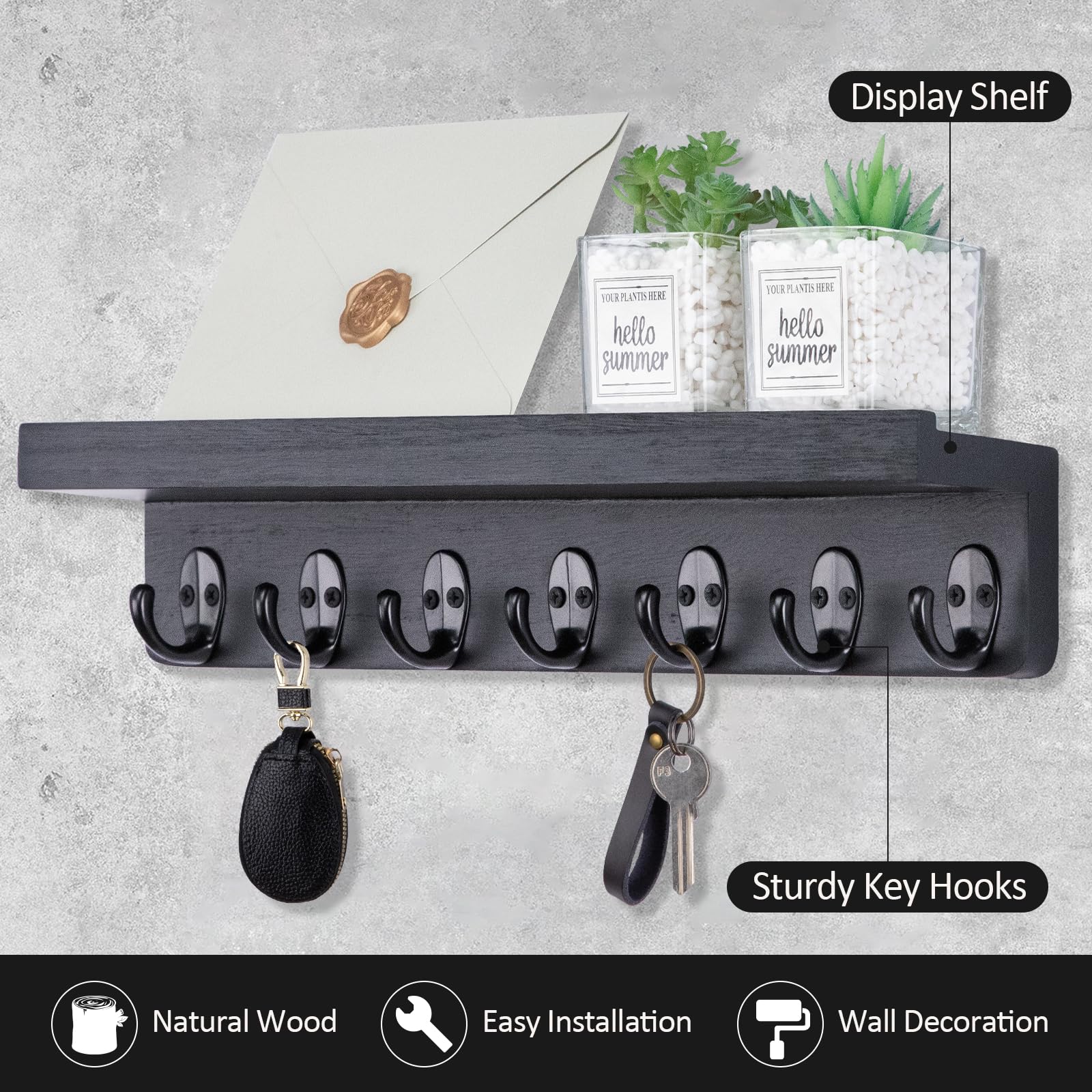 Wooden Wall Mounted Key Holder with Mail Organizer - 14.9 Inch Entryway Storage Solution for Farmhouse, Hallway & Kitchen Decor (Black) | Perfect for Home Organization & Rustic Style Interior Design