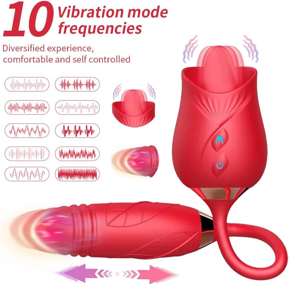 3 in 1 Rose Toy for Adults - Tongue Licking, Thrusting & Vibrating Pleasure Device with Easy Operation, Red (YO3+6) - Perfect for Couples Play, Solo Use & Sensual Massage