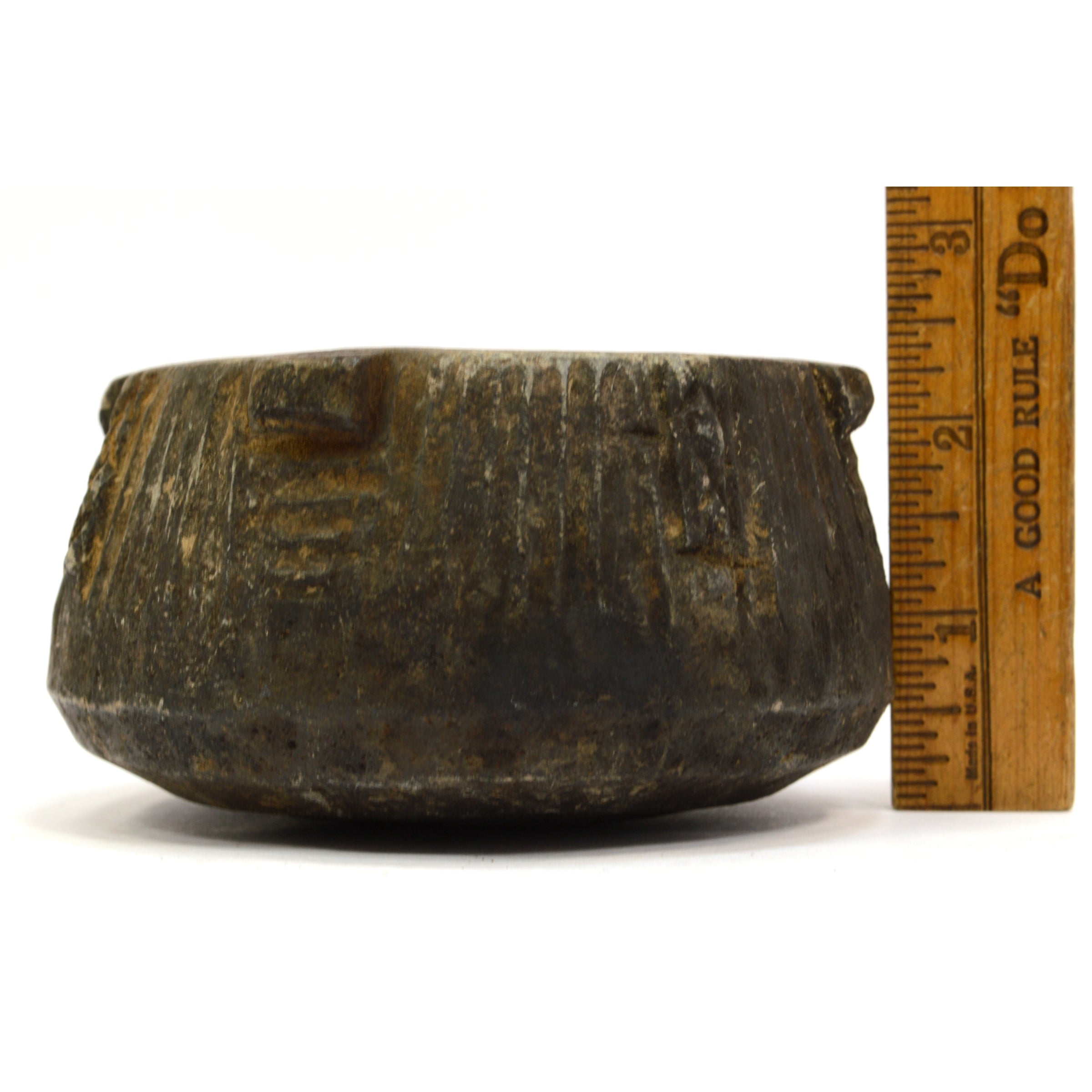 Ancient Pre-Columbian Steatite Bowl - Hand-Carved Black Soapstone with Nubs & Ribbed Design - Authentic Artifact for Home Decor, Meditation & Collectors