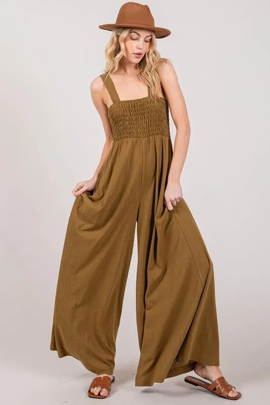 Olive Green Flowy Wide Leg Jumpsuit for Women - Boho Chic Romper with Pockets | Perfect for Summer Outfits, Beach Vacations & Casual Wear