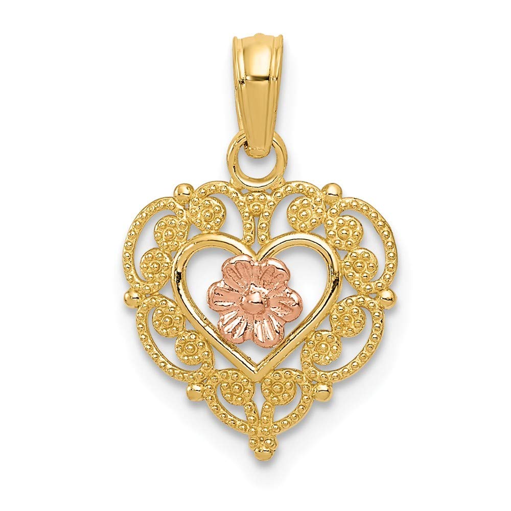 14K Two-Tone Gold and Pink Rose Heart Pendant Necklace for Women - Textured Lace Trim Jewelry Gift for Anniversary, Valentine's Day & Special Occasions