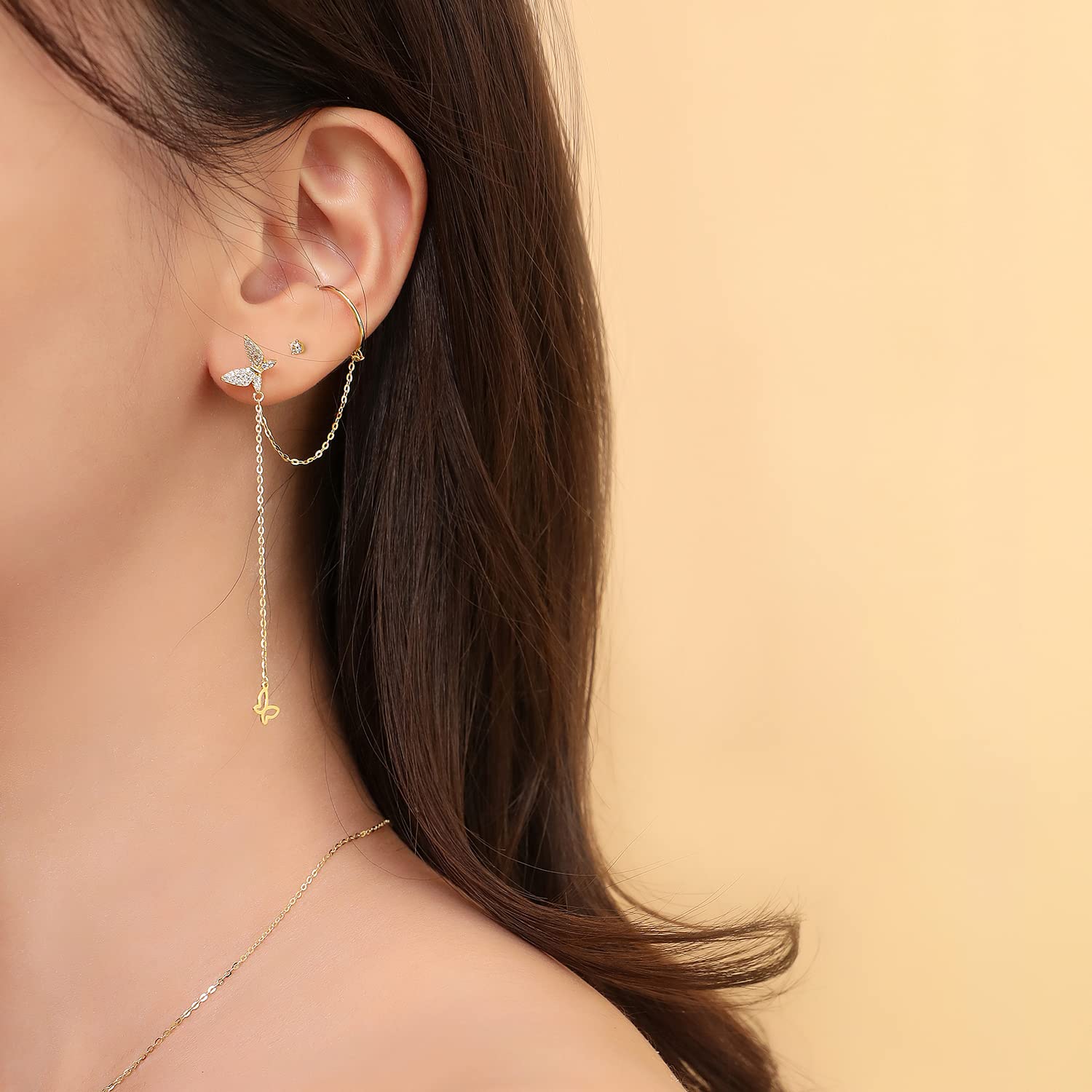 Butterfly Ear Cuff & CZ Chain Earrings for Women - 925 Sterling Silver Gold Plated Elegant Jewelry Gift for Sister, Friend - Perfect for Daily Wear, Parties & Special Occasions