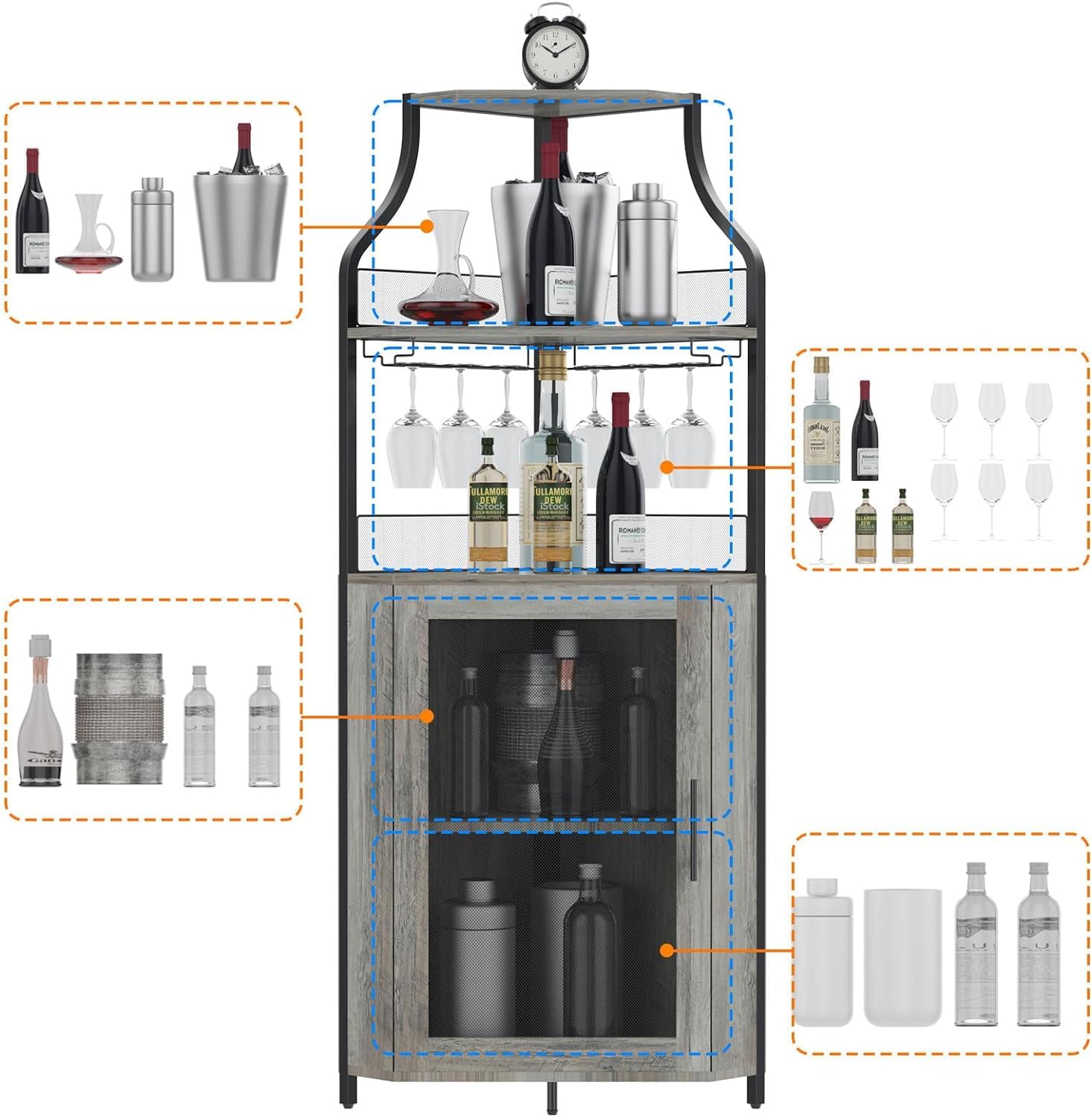 IDEALHOUSE 4-Tier Corner Wine Bar Cabinet with Large Storage Space, Detachable Wine Rack, Glass Holder & Mesh Door - Perfect for Home Bar, Dining Room or Living Room Decor (Grey)