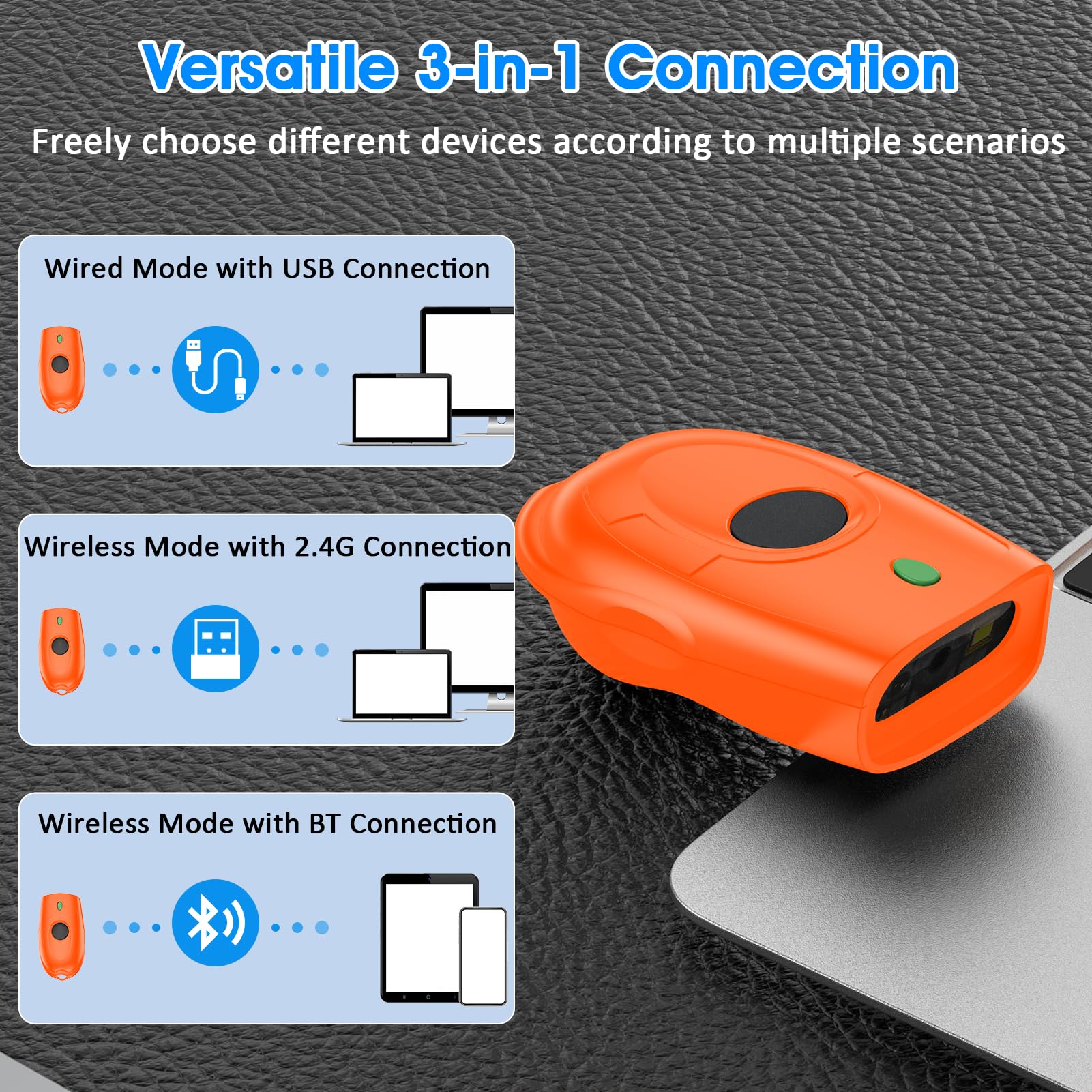 Symcode Mini Bluetooth Barcode Scanner - Portable 1D Wireless Barcode Reader with 3-in-1 Connectivity (Bluetooth/2.4G/USB) for Android, iOS, Windows & Computers - Ideal for Retail, Warehouse & Inventory Management