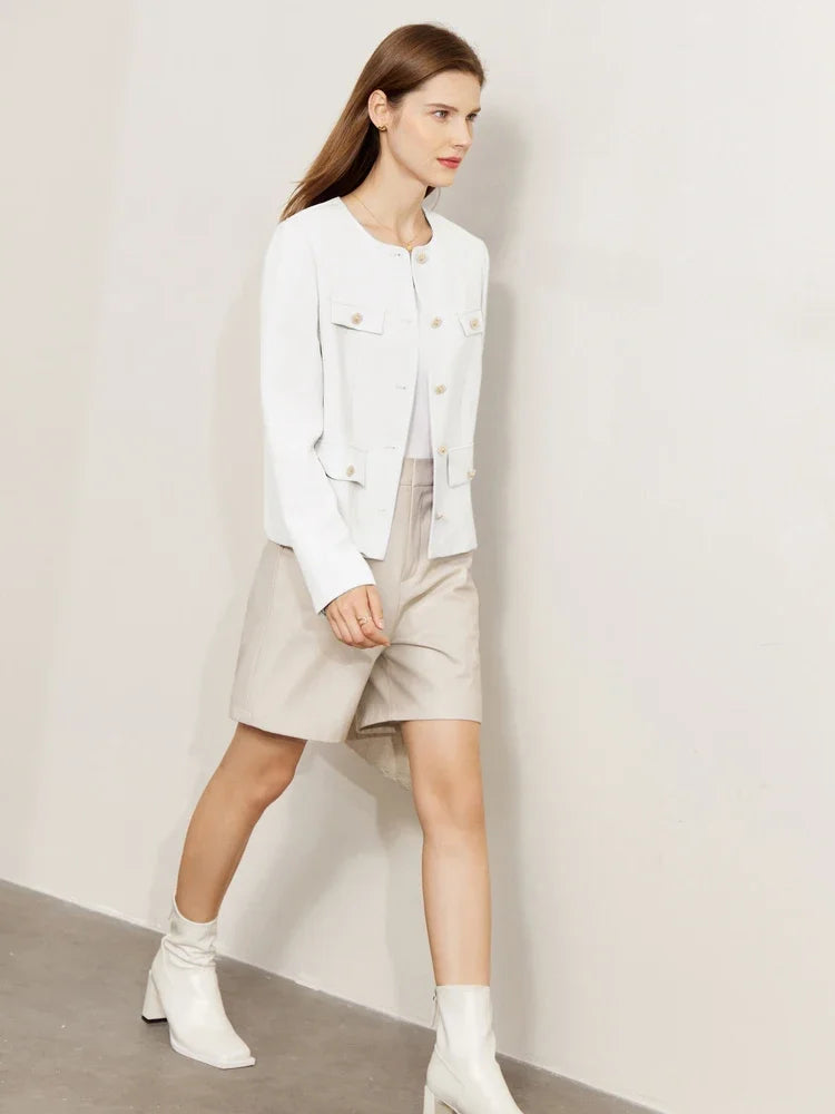 Stylish Minimalist Women's Jacket - Spring Lightweight Tuxedo Coat with Elegant Round Neck & Straight Shoulder | Perfect for Office Wear, Casual Outings & Spring Fashion