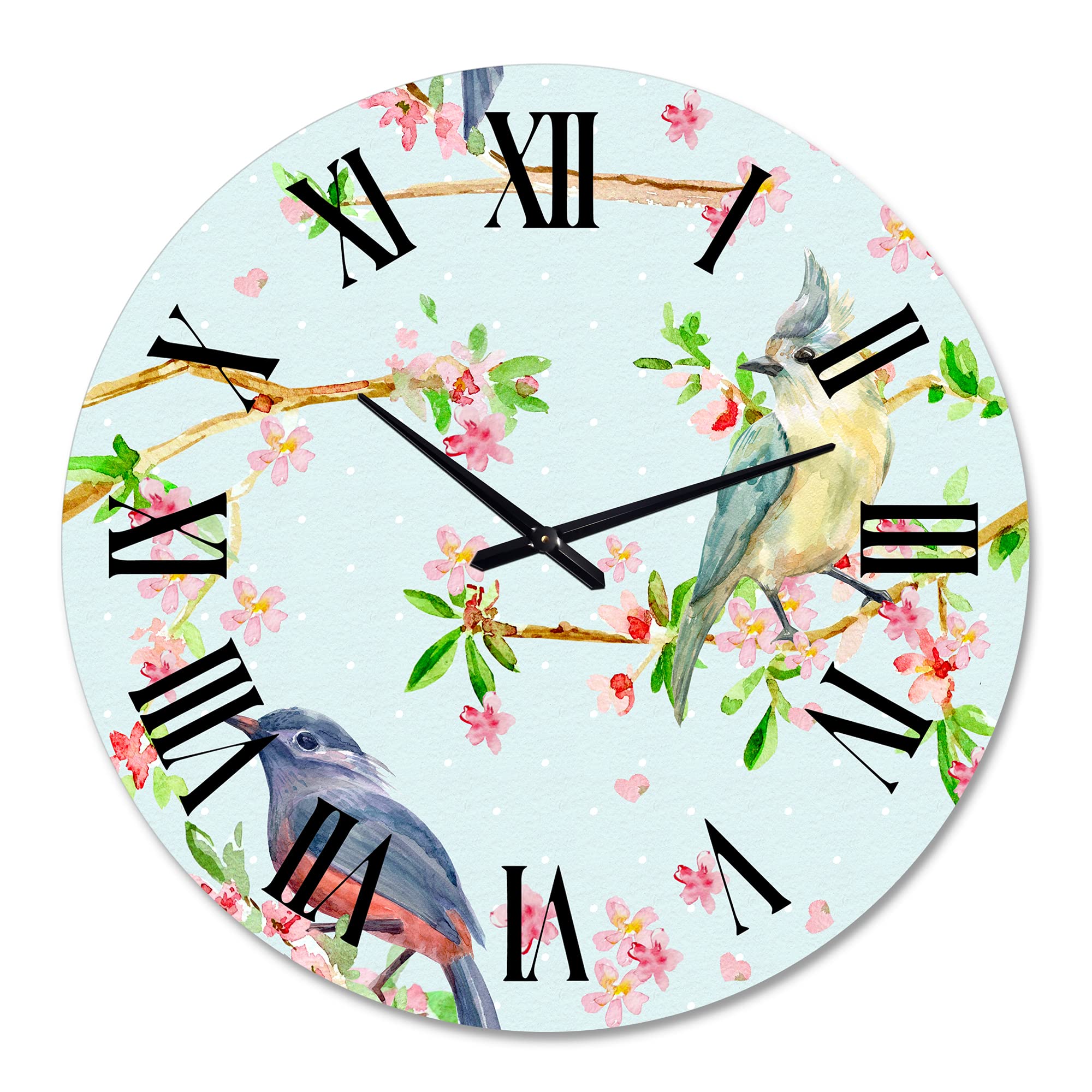 DesignQ Traditional Blue Flowers and Birds Wall Clock - Large Decorative Clock for Bedroom, Living Room, Office | Silent Non-Ticking Home Décor