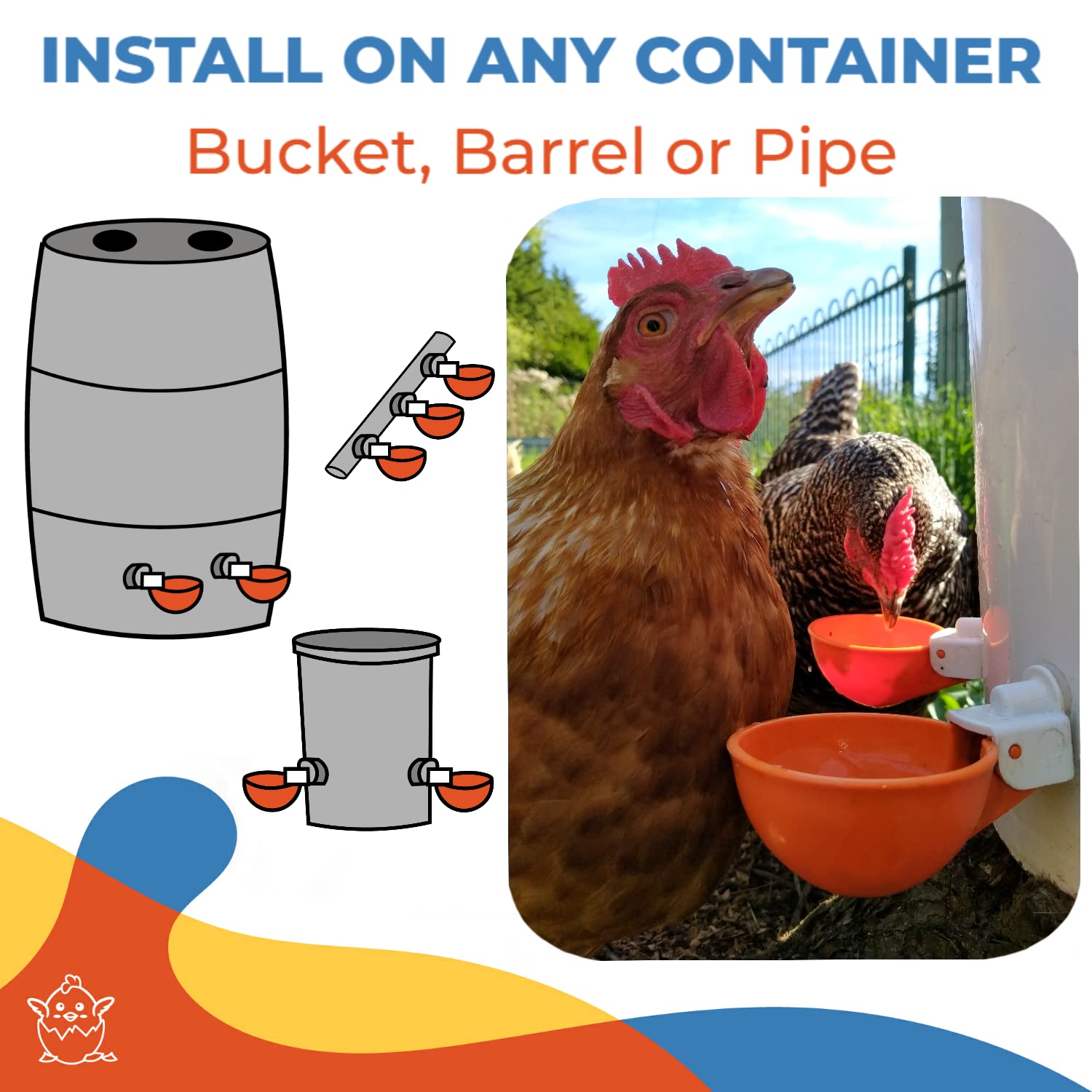 Lil'Clucker Chicken Waterer Cups 10 Pack - 5 Orange & 5 Blue Poultry Drinking Cups for Chickens, Ducks, and Birds - Perfect for Coops, Farms, and Backyard Poultry Care