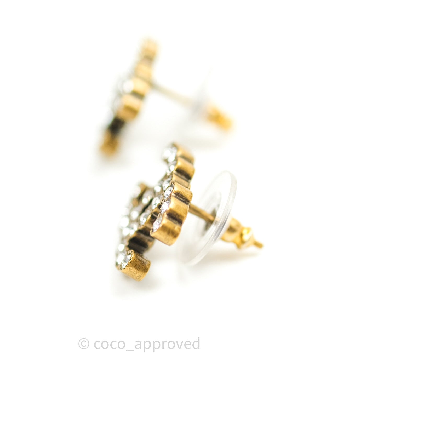 Chanel CC Logo Earrings for Women - Gold Tone Crystal Stud Earrings | Luxury Fashion Jewelry Gift for Her | Perfect for Parties, Weddings & Special Occasions