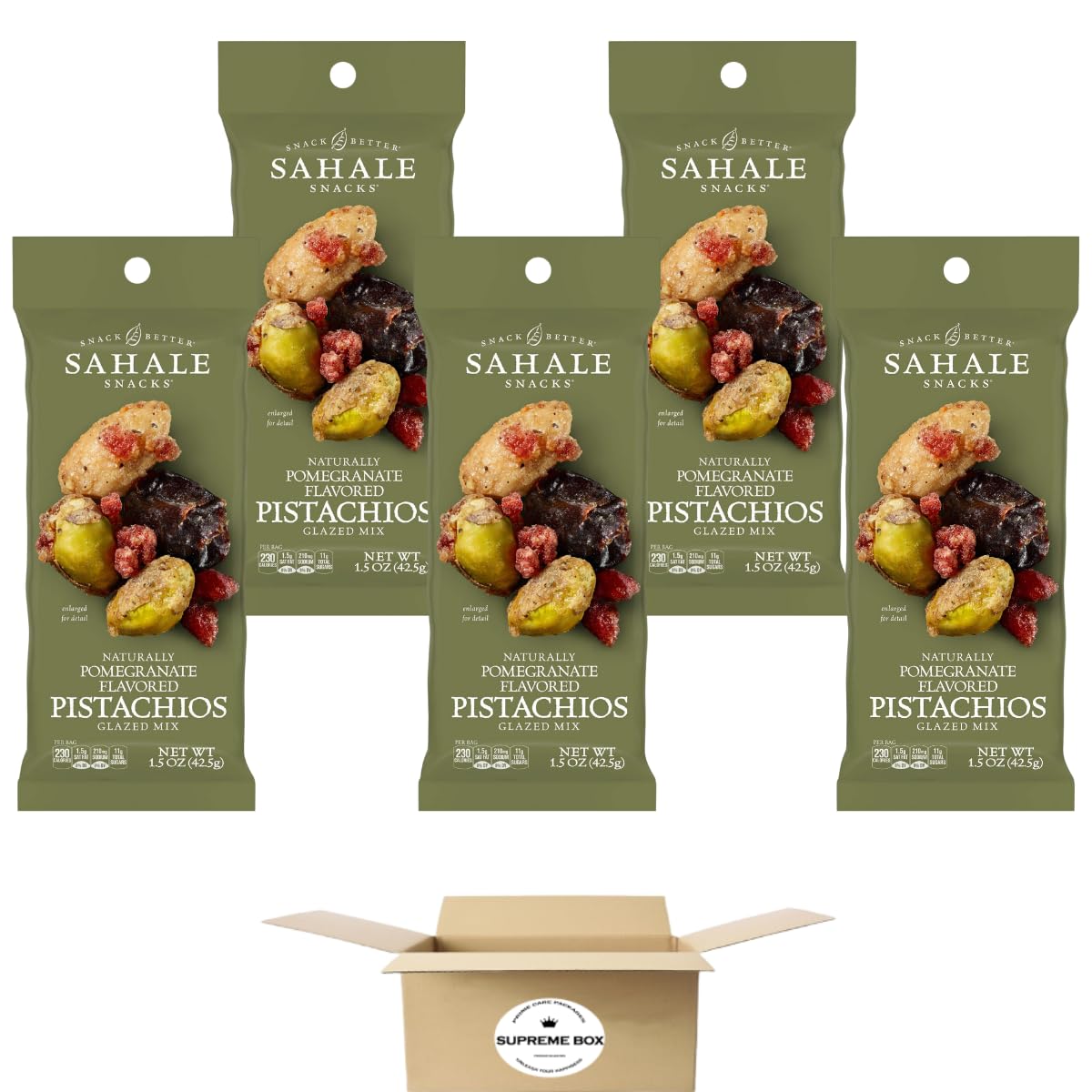 Premium SUPREME BOX Sahale Snacks Pomegranate Flavored Pistachios Glazed Mix - Gluten Free, Non-GMO, Individually Wrapped 1.5oz (Pack of 5, 7.5oz Total) - Healthy Snack for Office, Travel & Hiking
