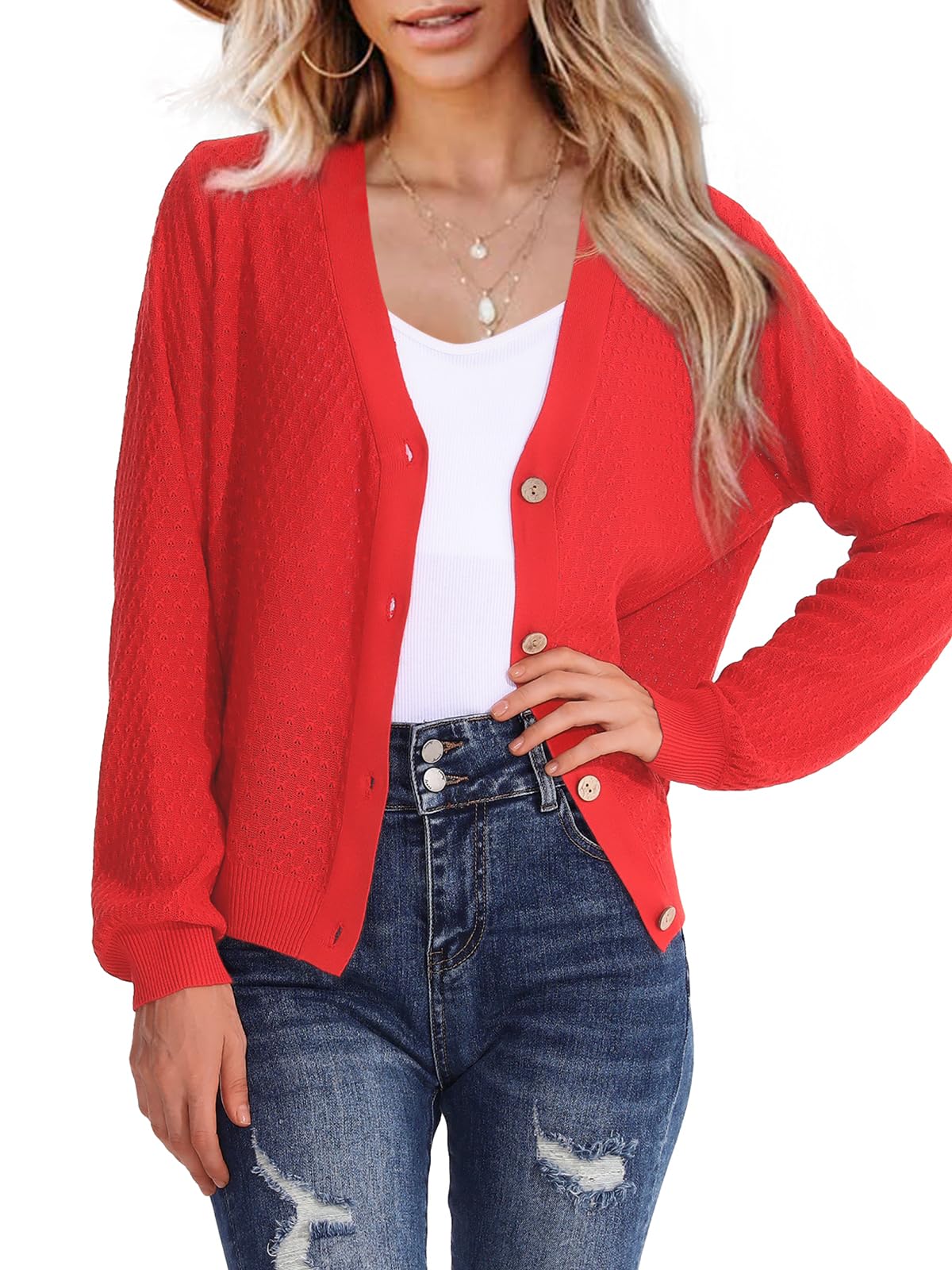 Women's Lightweight Waffle Knit Button Down Cardigan Sweater - Long Sleeve V Neck Casual Pullover for Work, Office & Everyday Wear