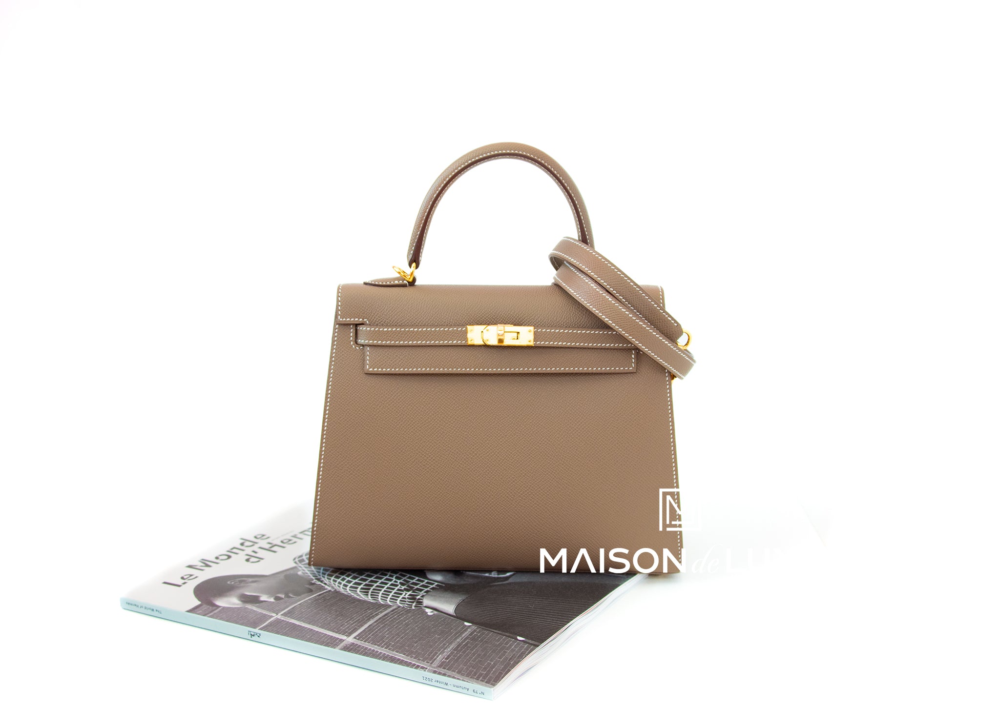 Authentic Hermes Kelly Sellier 25 Handbag in Etoupe Epsom Leather with Gold Hardware - Luxury Designer Bag for Women, Perfect for Work, Parties & Special Occasions