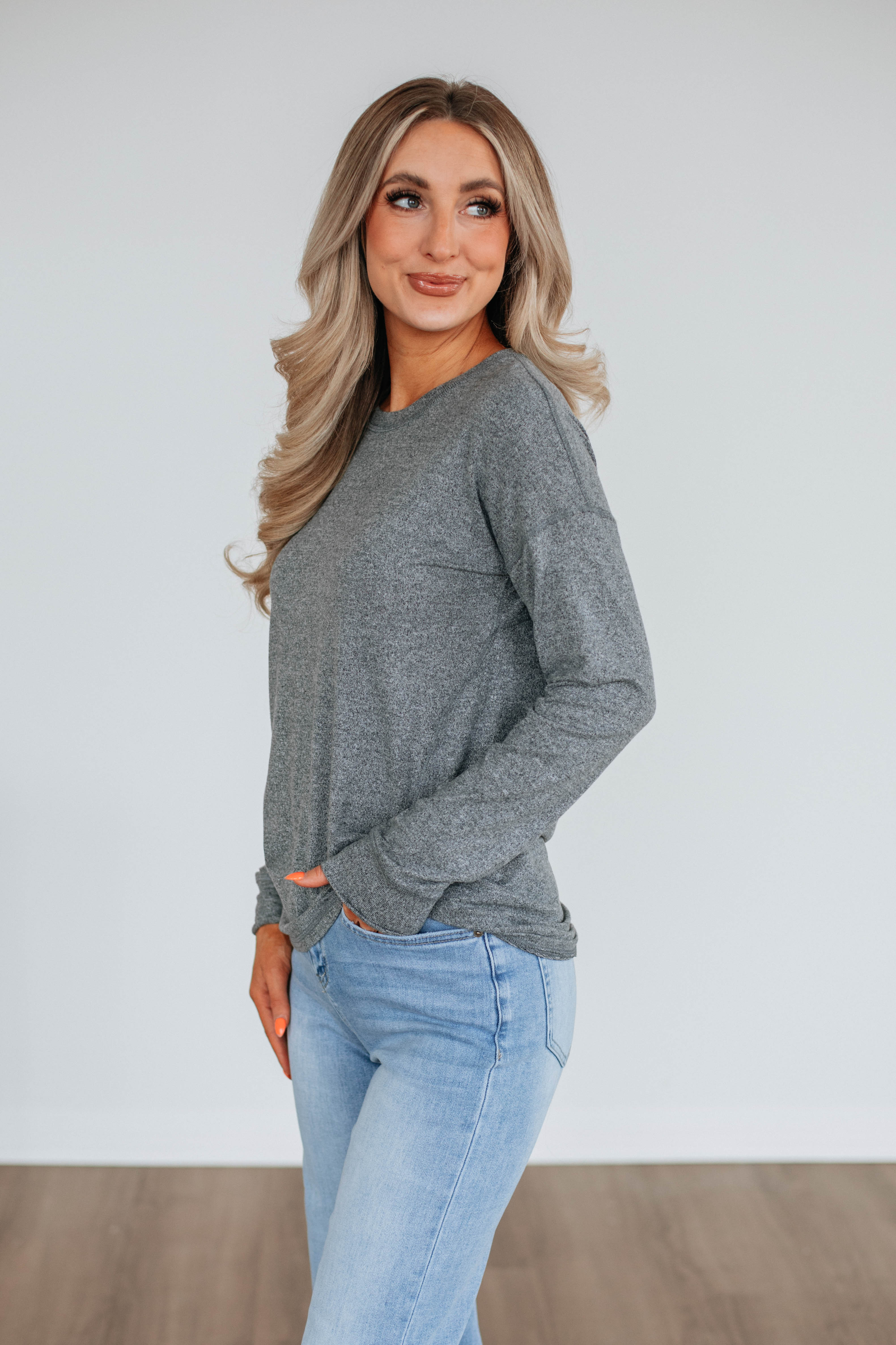 Laura Women's Long Sleeve Casual Top - Soft Heather Grey Crewneck Shirt for Work, Office & Everyday Wear
