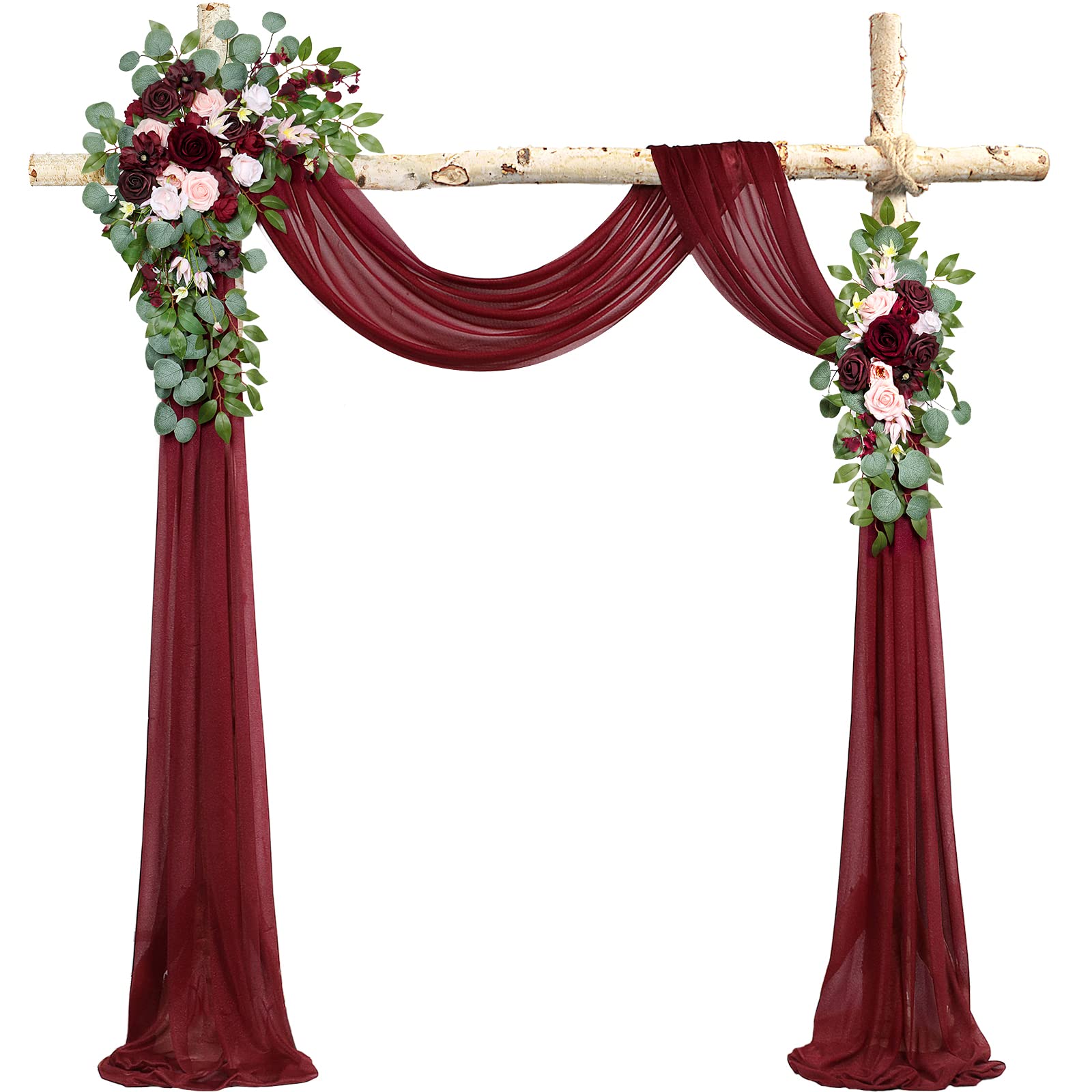 Ponatia Burgundy Wedding Arch Flowers Kit - 3 Pack with 26Ft Shiny Fabric for Ceremony & Reception Backdrop (Burgundy & Blush) | Artificial Floral Arrangement for Wedding Decor, Party Decoration, and Photo Booth Background