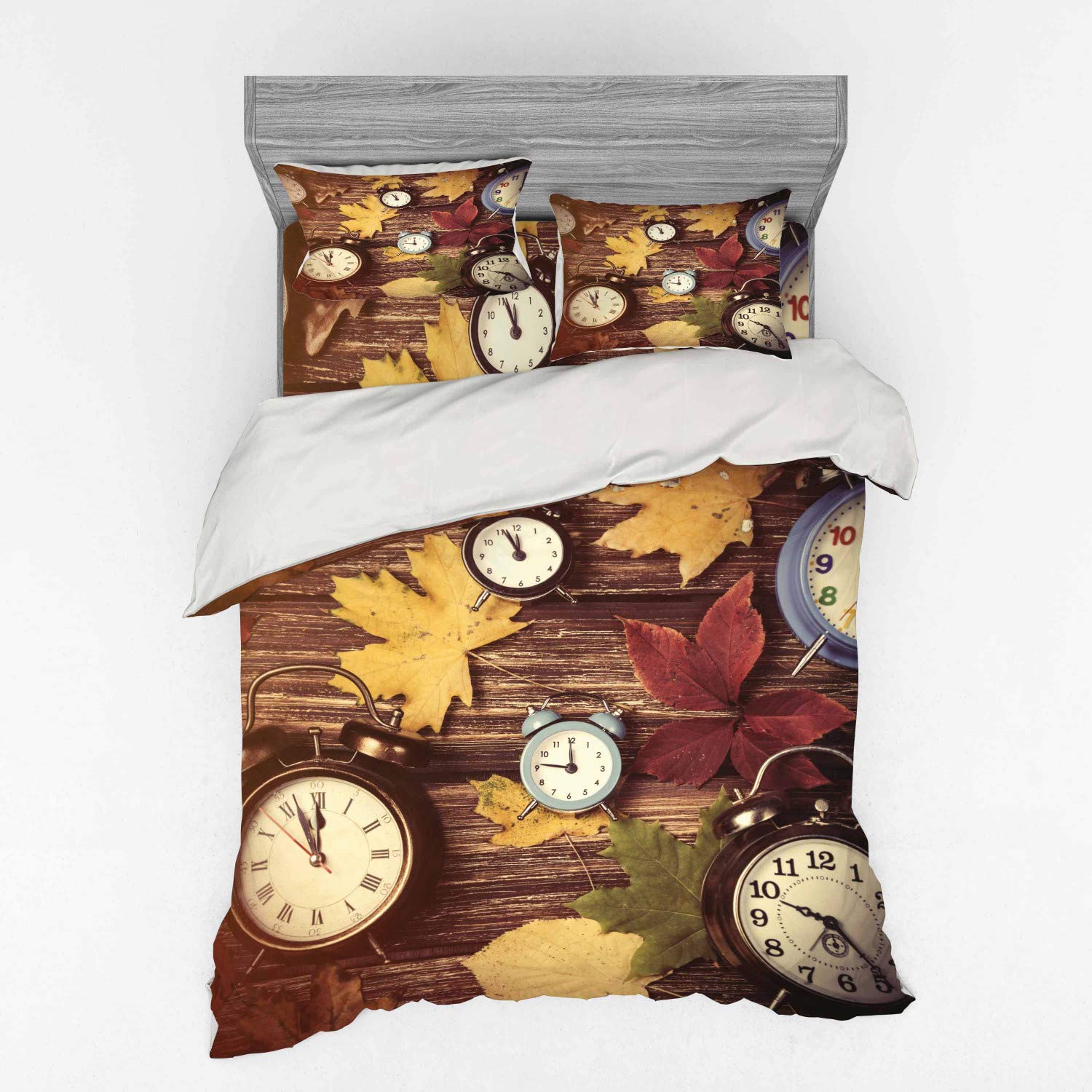 Ambesonne Autumn Maple Leaves & Alarm Clocks Printed 4-Piece Queen Bedding Set - Duvet Cover, Shams & Fitted Sheet - Fall-Themed Bedroom Decor for Cozy Seasonal Styling